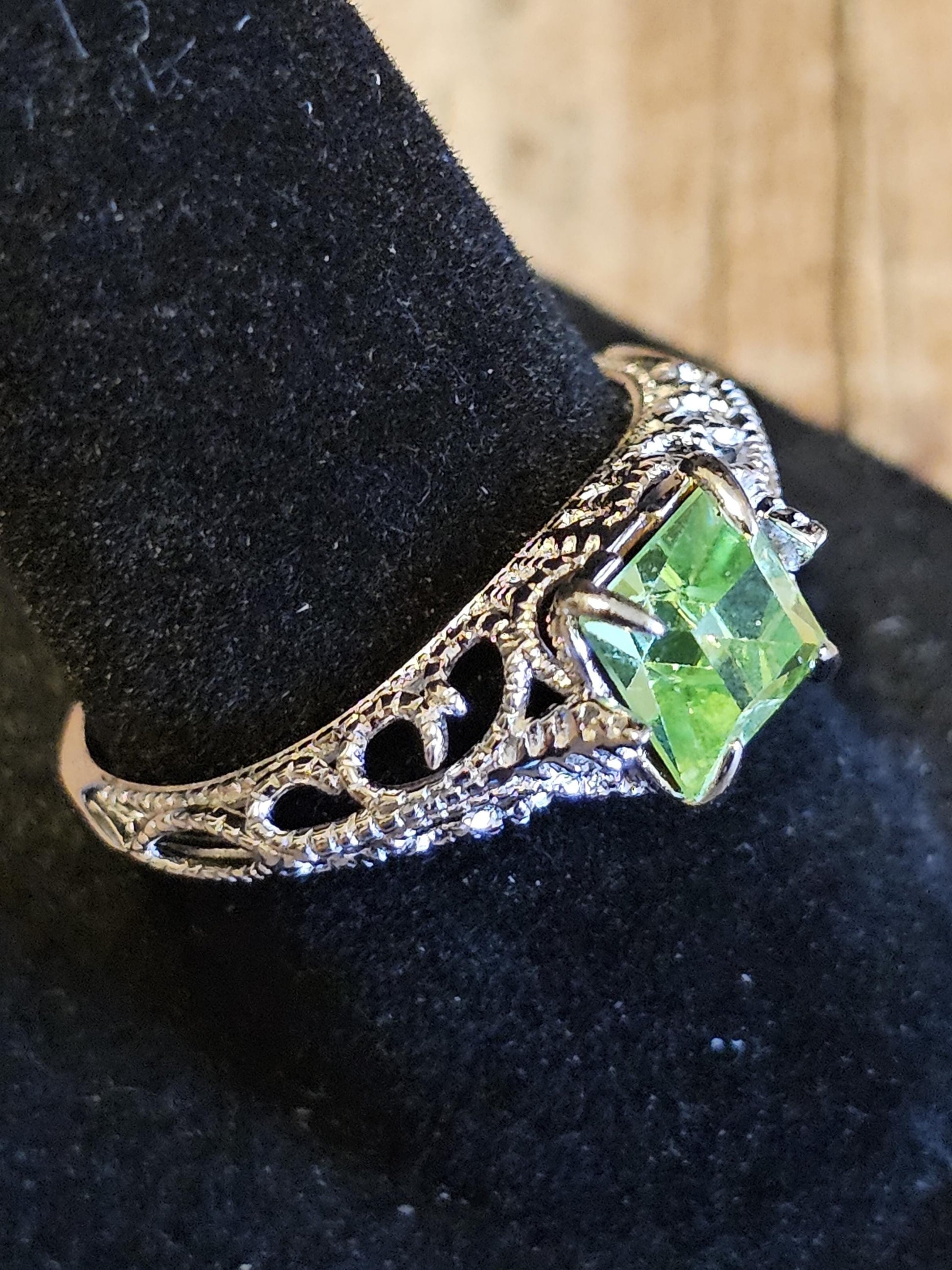 Uranium Glass Princess cut Art Deco Ring size 4 to 10.5 in new Sterling Silver with Uranium glass stone that glows under black / UV light