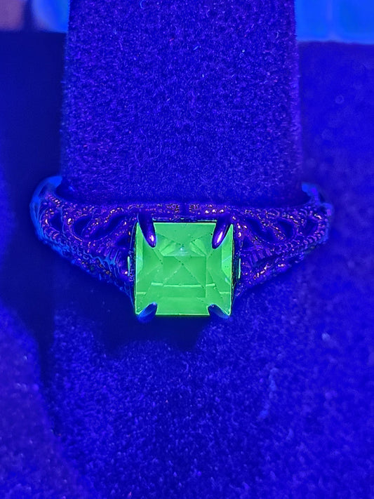 Uranium Glass Princess cut Art Deco Ring  size 4 to 10.5 in new Sterling Silver with Uranium glass stone that glows under black / UV light