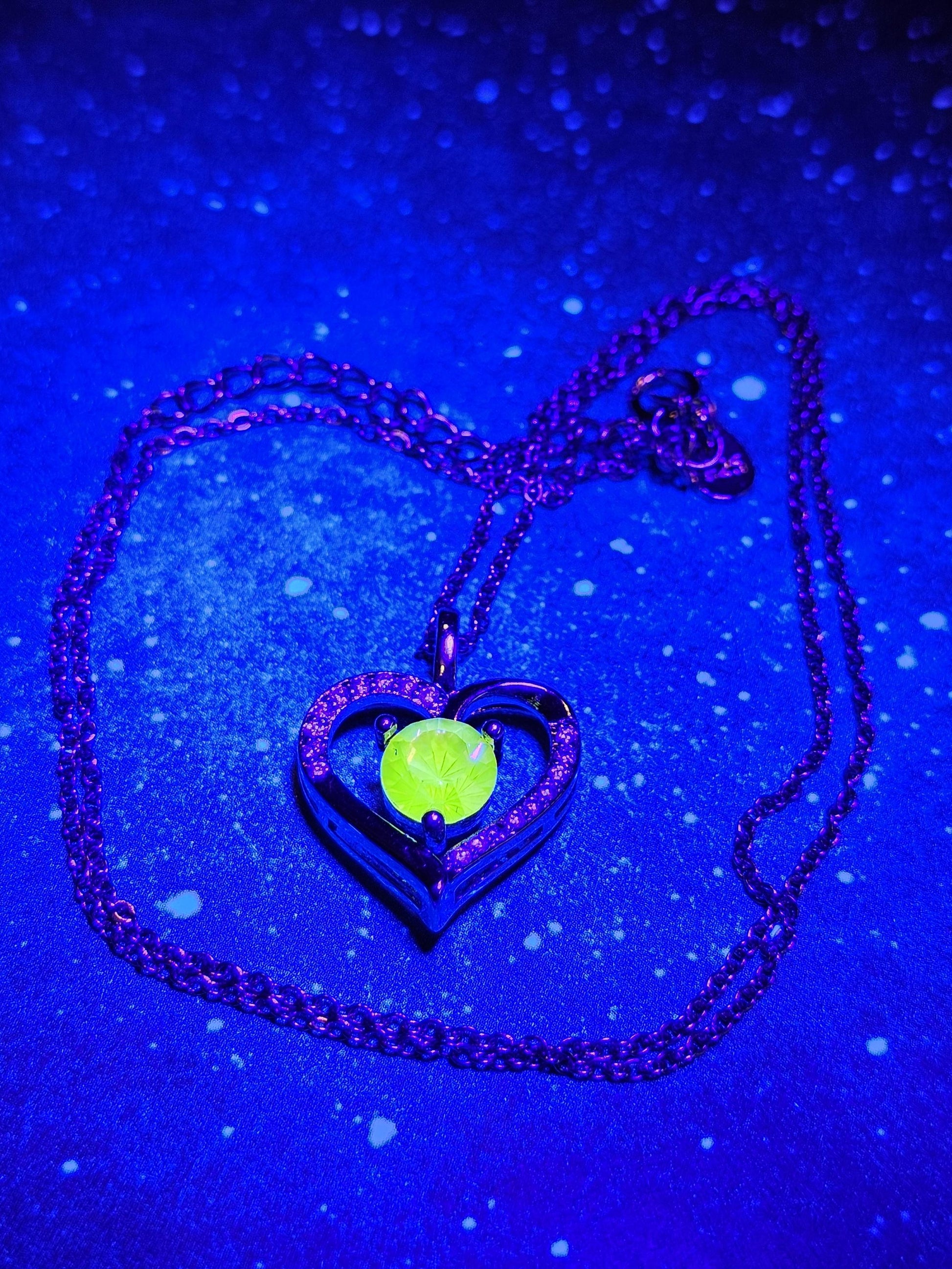 Uranium Glass Pendant w/ necklace, new Sterling Silver setting with vintage Heart cut Uranium glass stone that glows under black/UV light