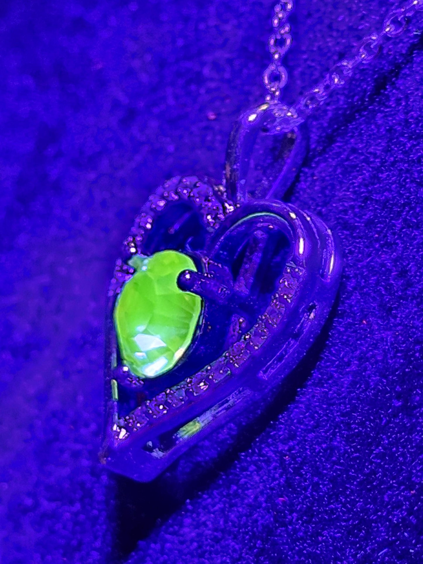 Uranium Glass Pendant w/ necklace, new Sterling Silver setting with vintage Heart cut Uranium glass stone that glows under black/UV light