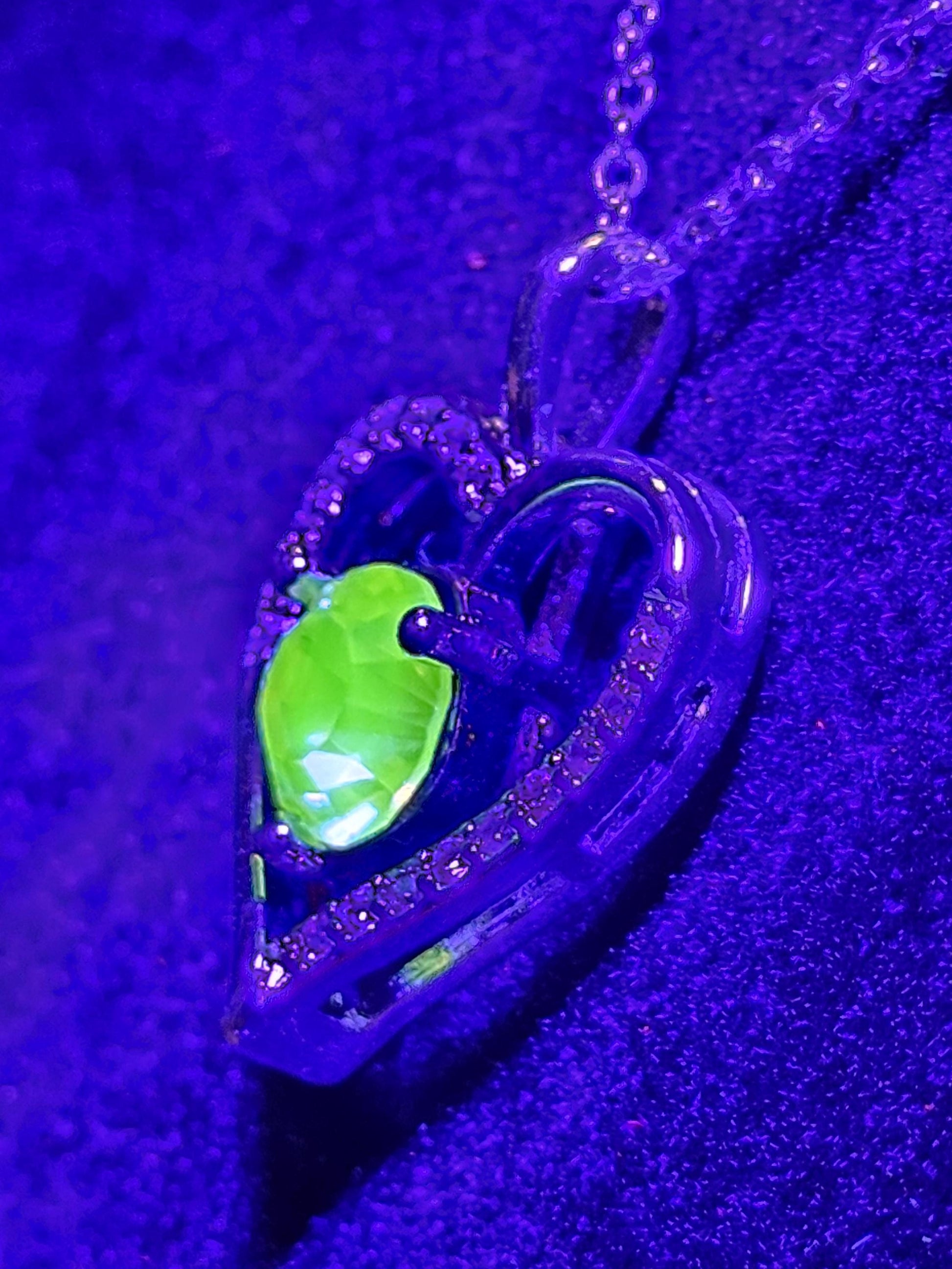 Uranium Glass Pendant w/ necklace, new Sterling Silver setting with vintage Heart cut Uranium glass stone that glows under black/UV light