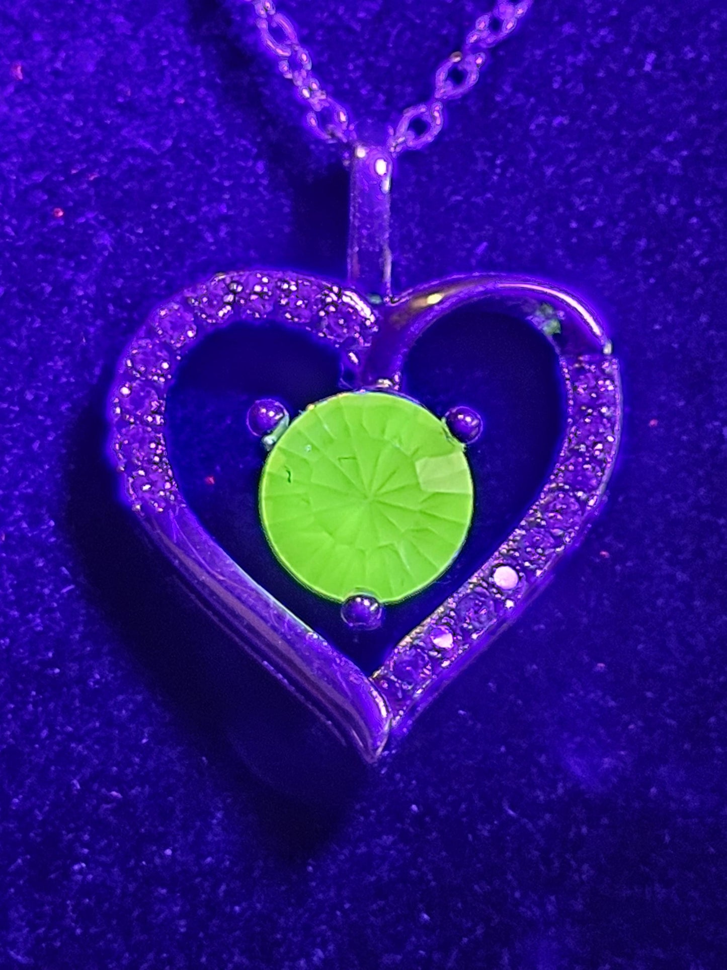 Uranium Glass Pendant w/ necklace, new Sterling Silver setting with vintage Heart cut Uranium glass stone that glows under black/UV light