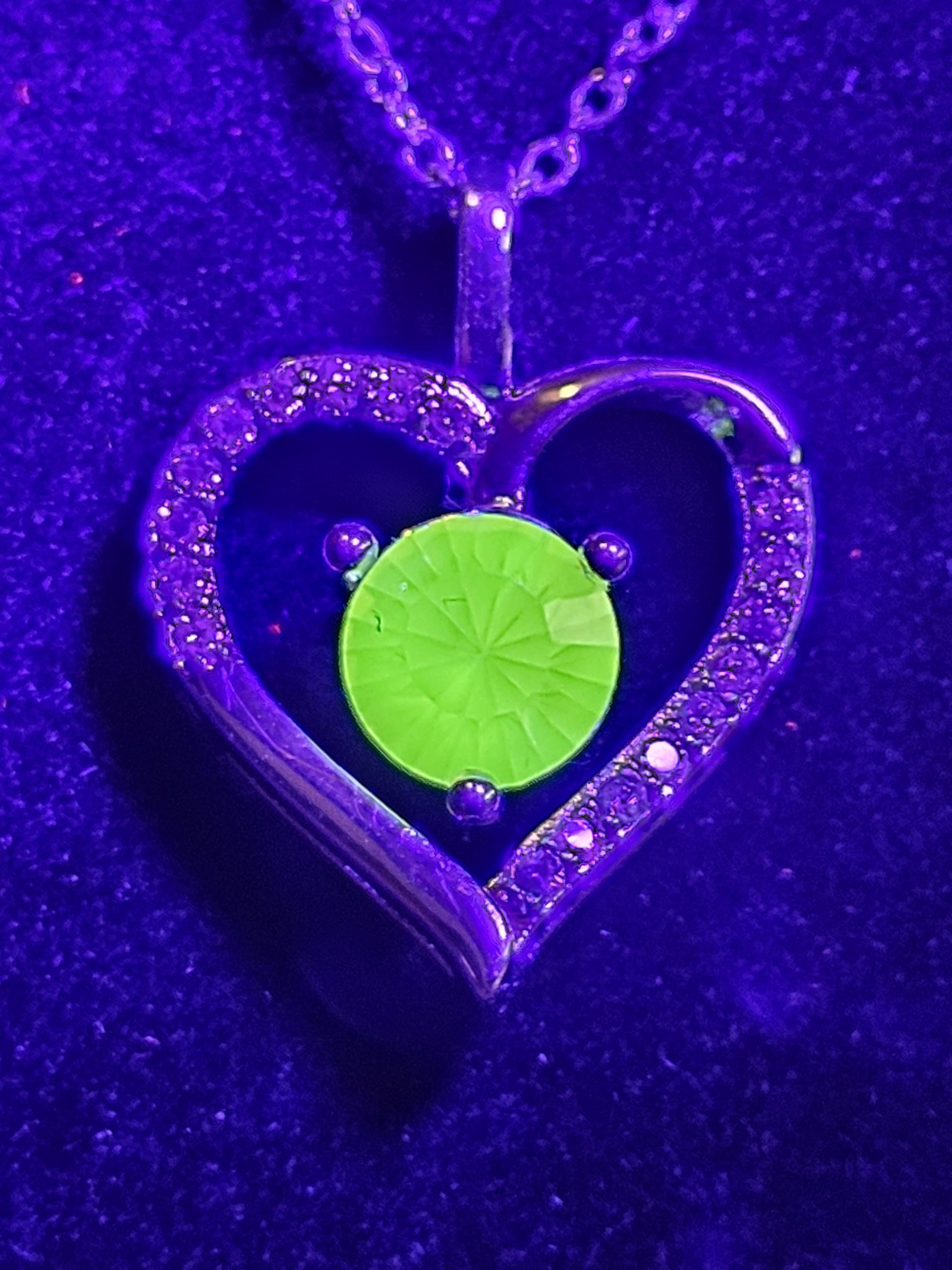 Uranium Glass Pendant w/ necklace, new Sterling Silver setting with vintage Heart cut Uranium glass stone that glows under black/UV light