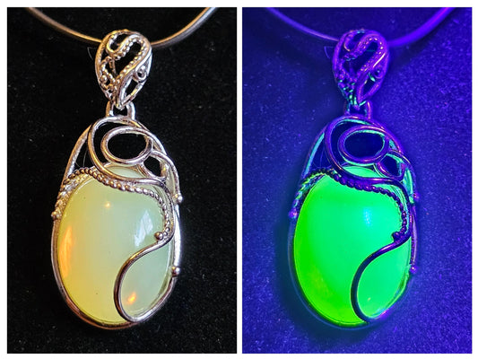 Uranium Glass Pendant new Sterling Silver setting with large 18x13 vintage opal colored Uranium glass stone that glows under black/UV light