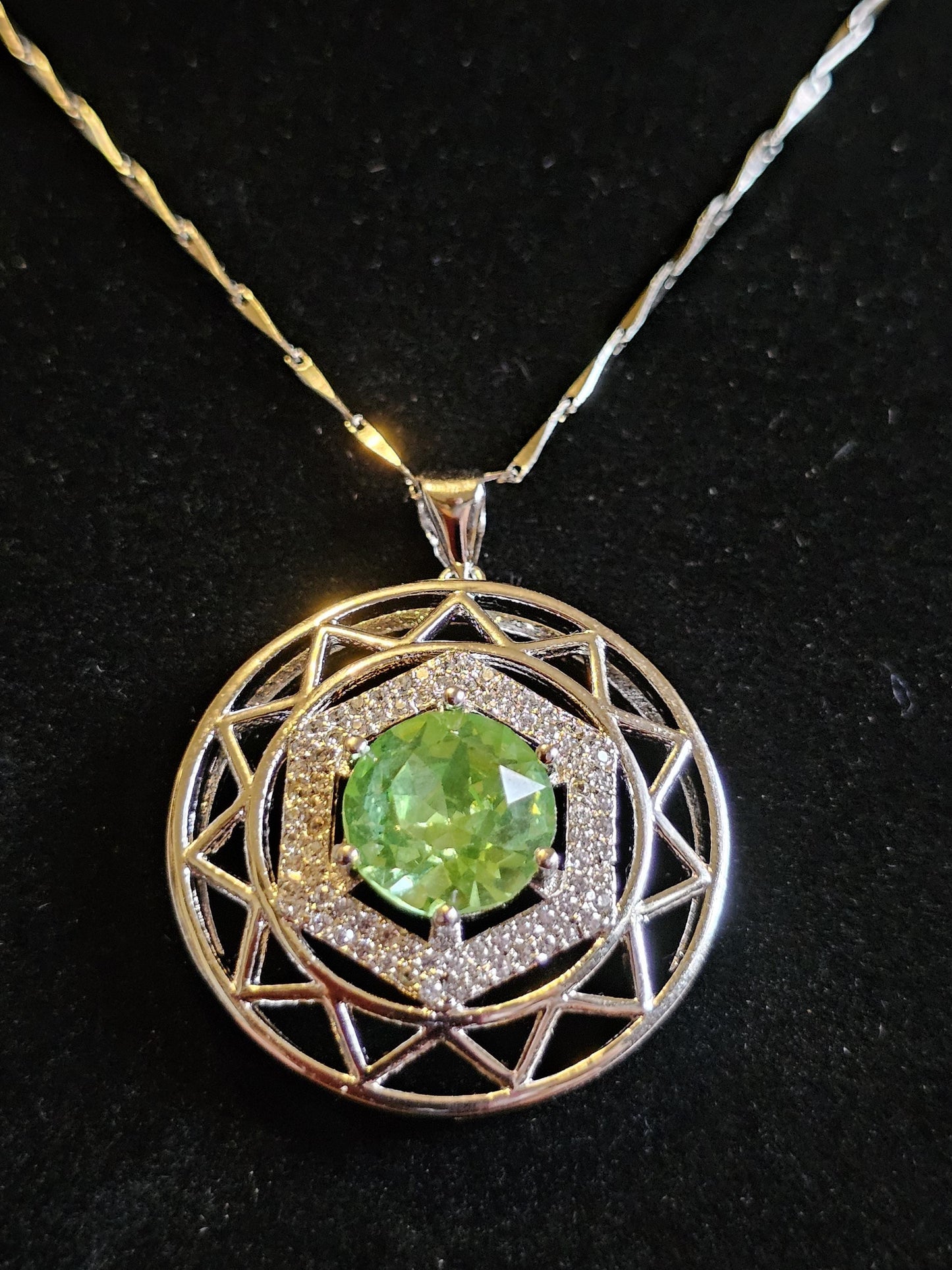 Uranium Glass Pendant w/ necklace stylish new Sterling Silver setting with vintage 10 mm Uranium glass stone that glows under black/UV light