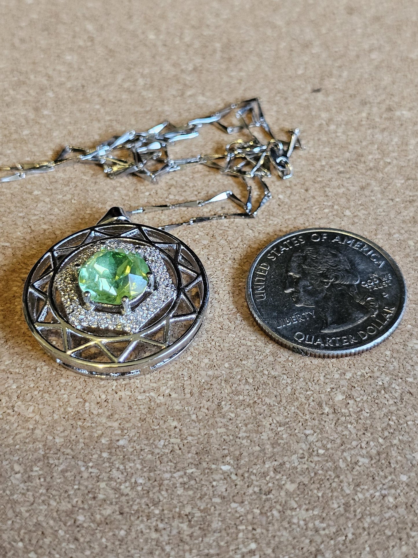 Uranium Glass Pendant w/ necklace stylish new Sterling Silver setting with vintage 10 mm Uranium glass stone that glows under black/UV light