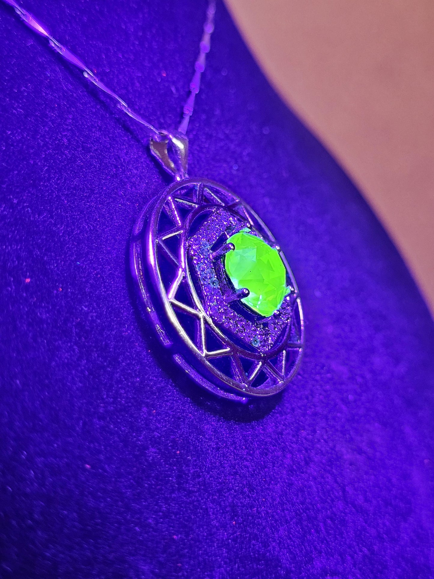 Uranium Glass Pendant w/ necklace stylish new Sterling Silver setting with vintage 10 mm Uranium glass stone that glows under black/UV light