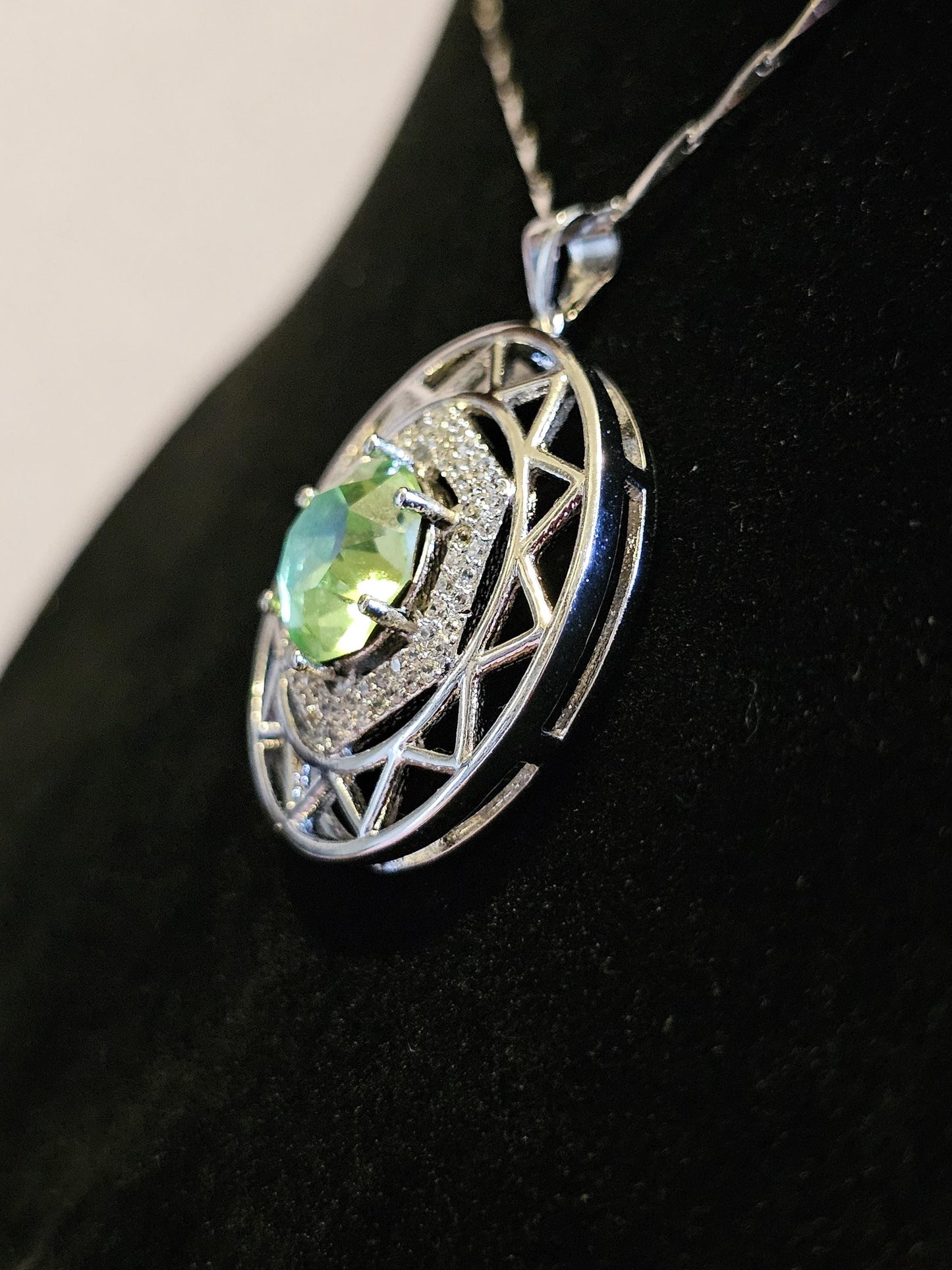 Uranium Glass Pendant w/ necklace stylish new Sterling Silver setting with vintage 10 mm Uranium glass stone that glows under black/UV light