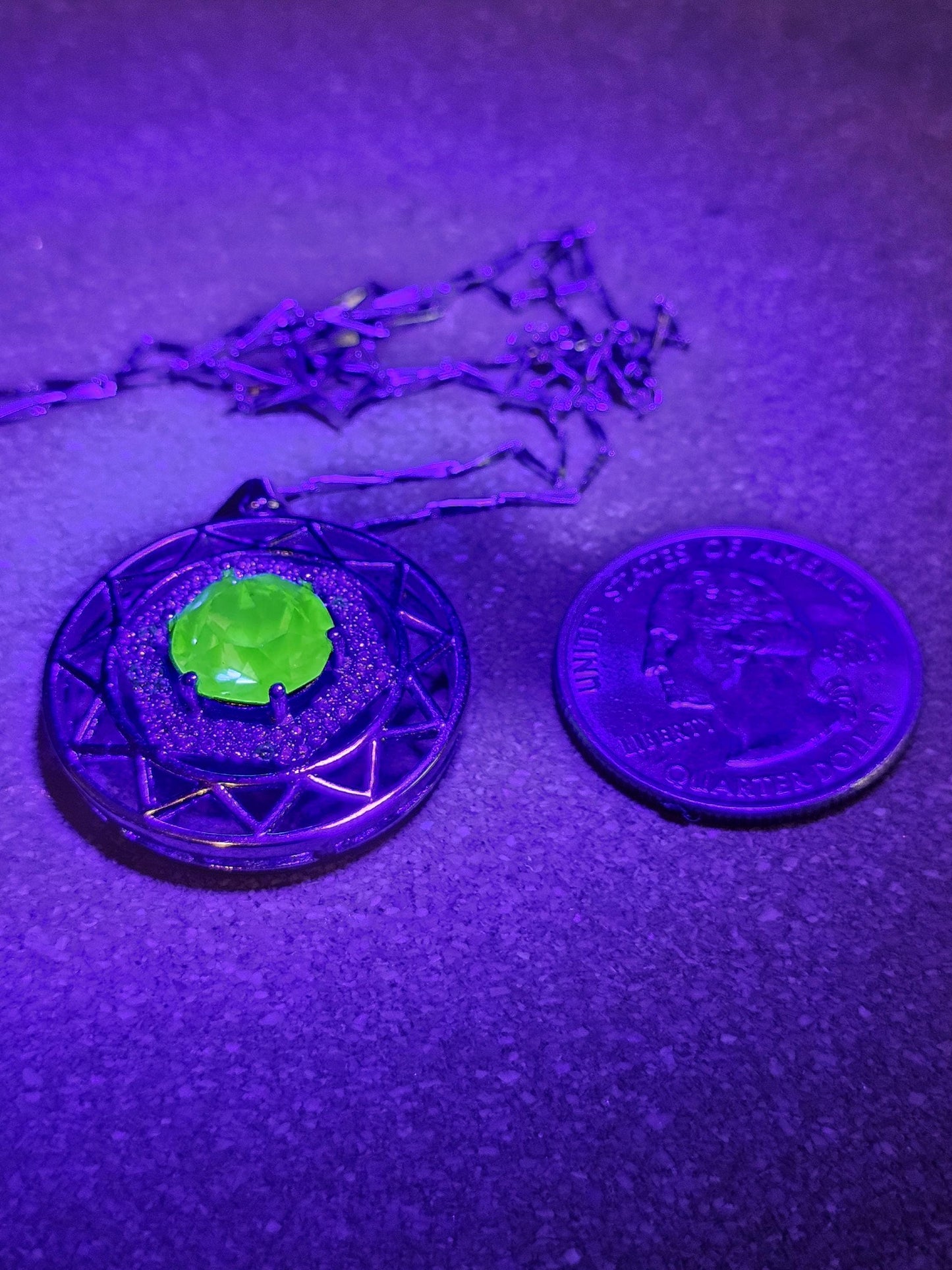 Uranium Glass Pendant w/ necklace stylish new Sterling Silver setting with vintage 10 mm Uranium glass stone that glows under black/UV light