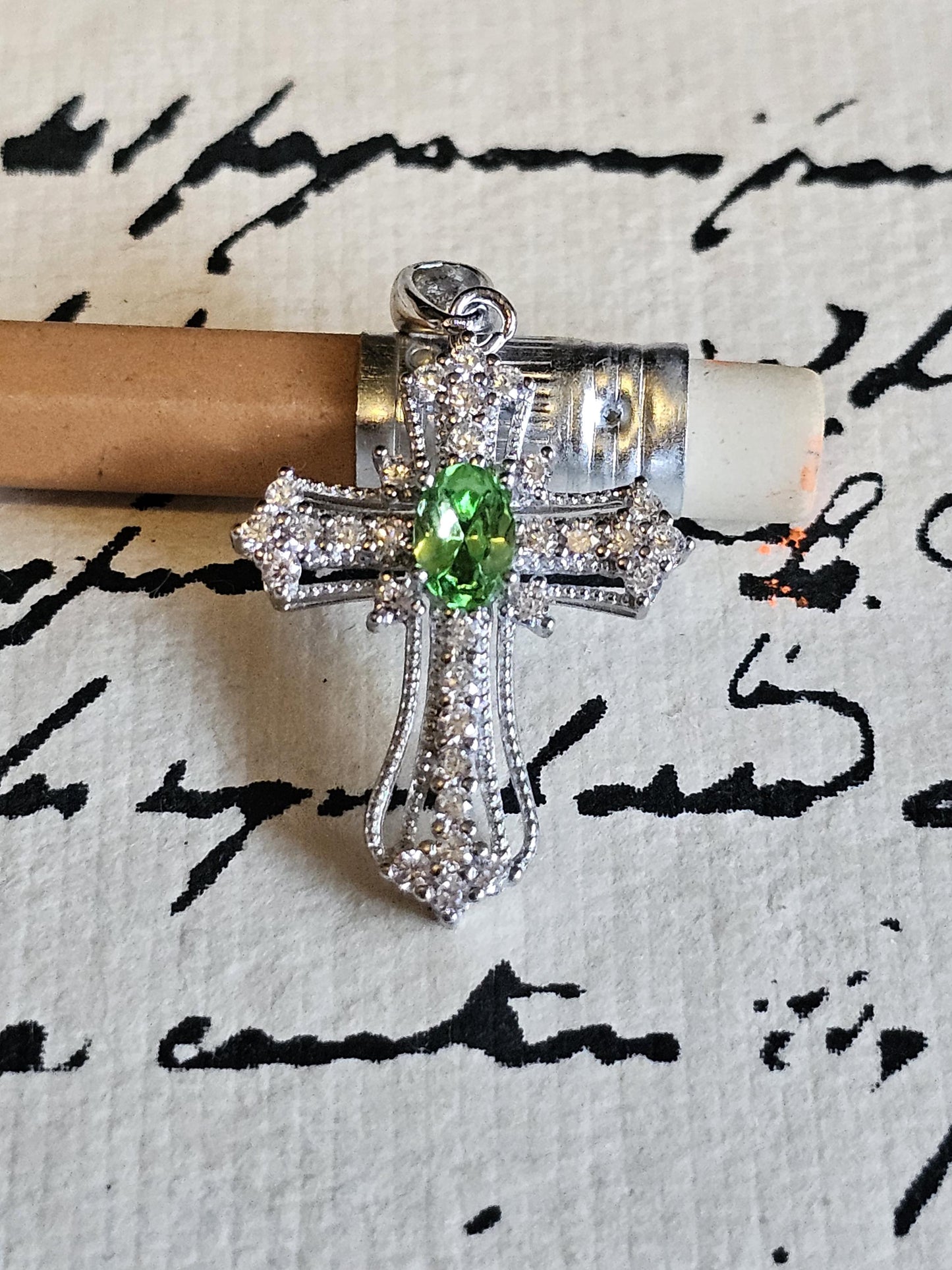 Uranium Glass Pendant Cross design new Sterling Silver,  with 8x4 mm vintage Marquee cut Uranium Glass stone that glows under black/UV light