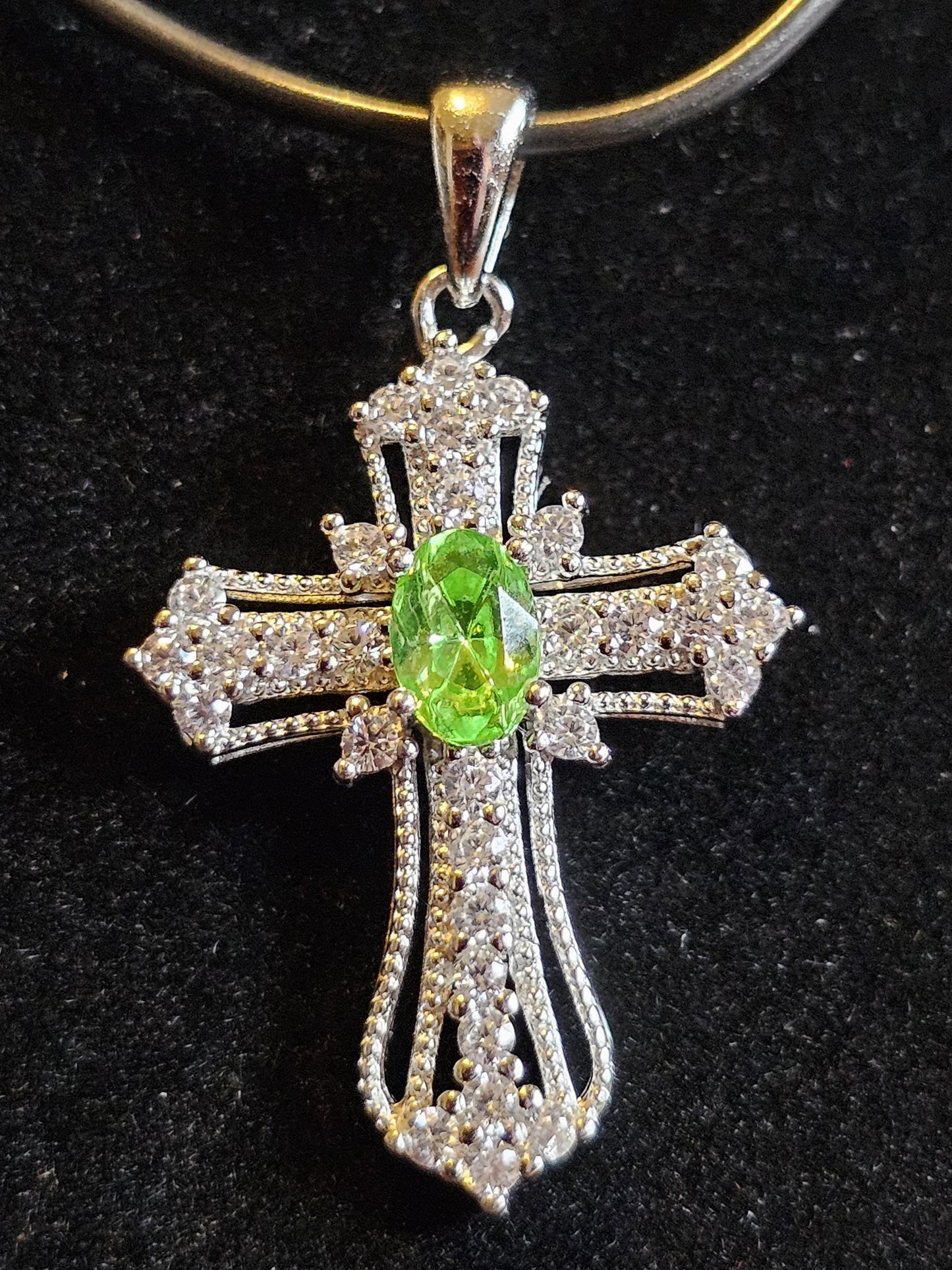 Uranium Glass Pendant Cross design new Sterling Silver,  with 8x4 mm vintage Marquee cut Uranium Glass stone that glows under black/UV light