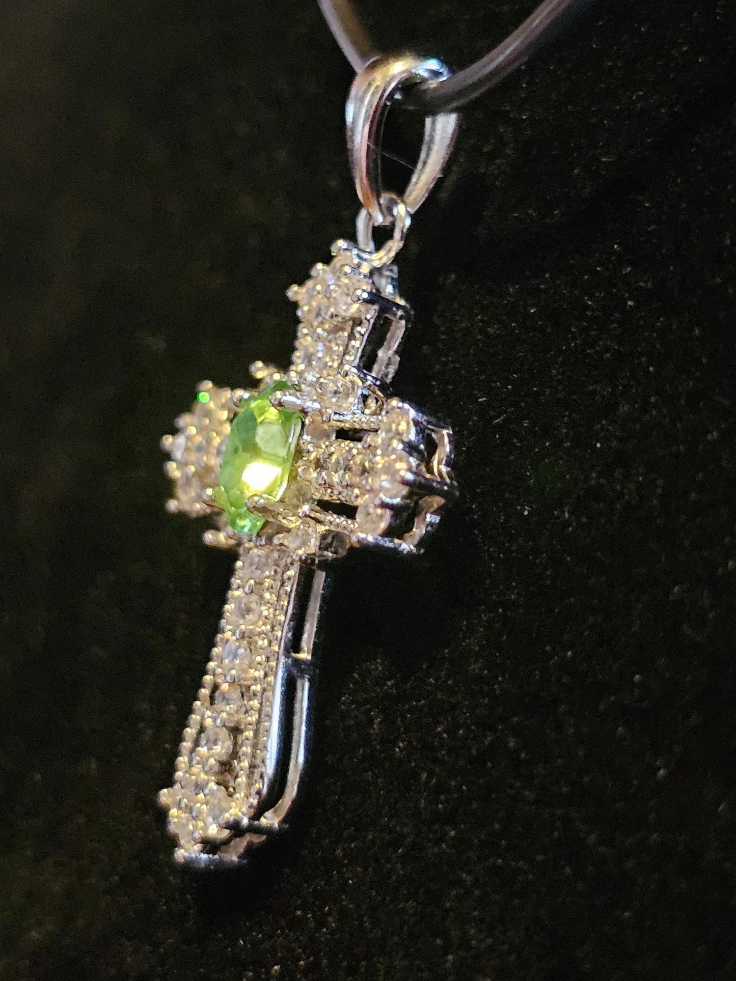 Uranium Glass Pendant Cross design new Sterling Silver,  with 8x4 mm vintage Marquee cut Uranium Glass stone that glows under black/UV light