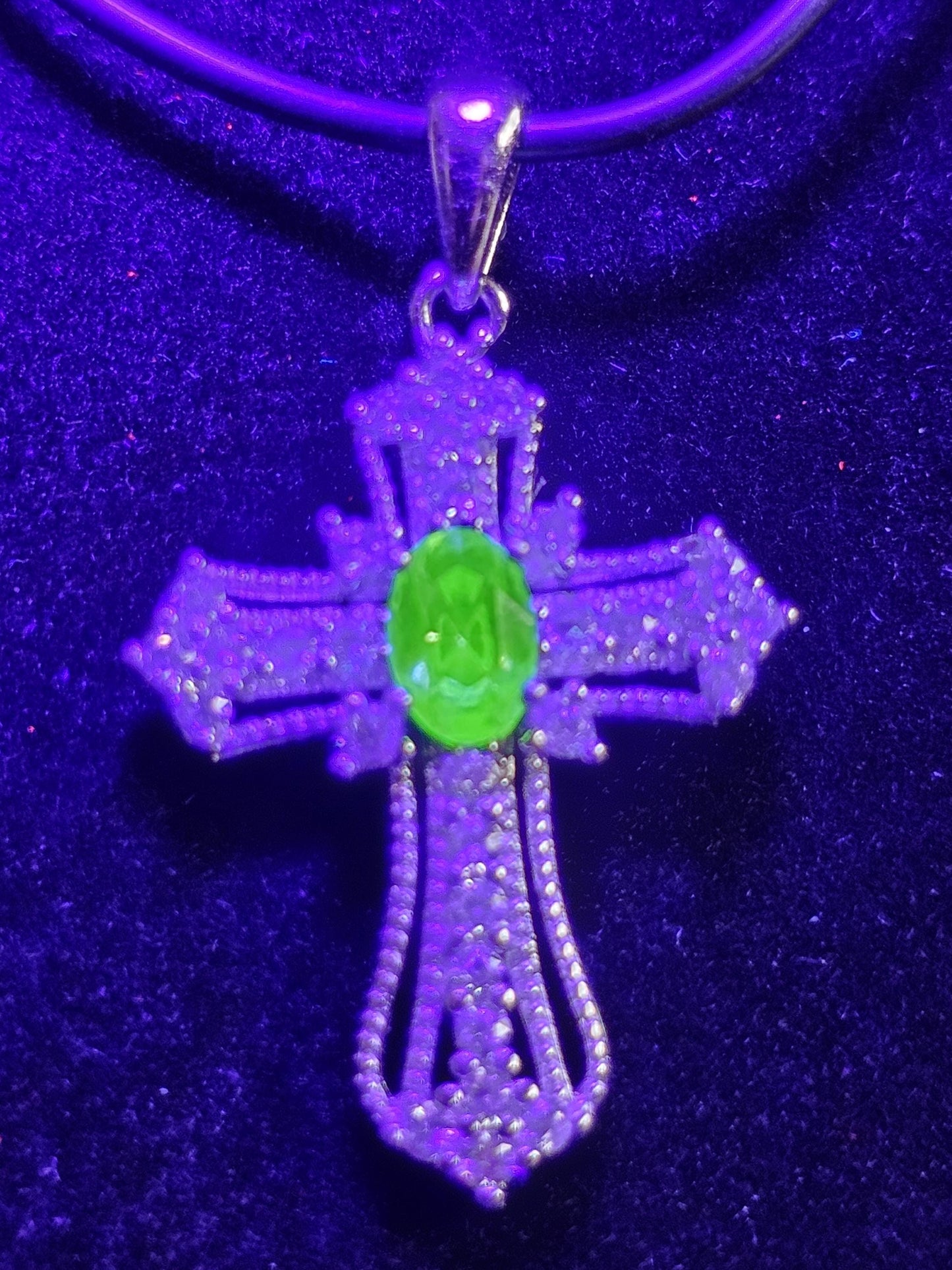 Uranium Glass Pendant Cross design new Sterling Silver,  with 8x4 mm vintage Marquee cut Uranium Glass stone that glows under black/UV light