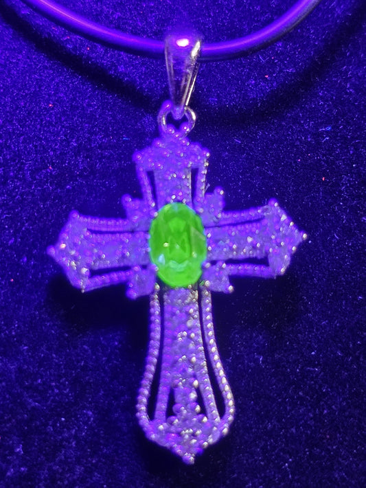 Uranium Glass Pendant Cross design new Sterling Silver,  with 8x4 mm vintage Marquee cut Uranium Glass stone that glows under black/UV light
