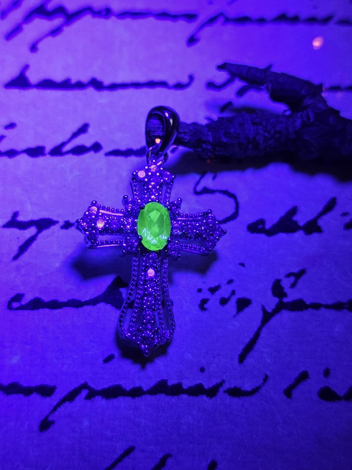 Uranium Glass Pendant Cross design new Sterling Silver,  with 8x4 mm vintage Marquee cut Uranium Glass stone that glows under black/UV light