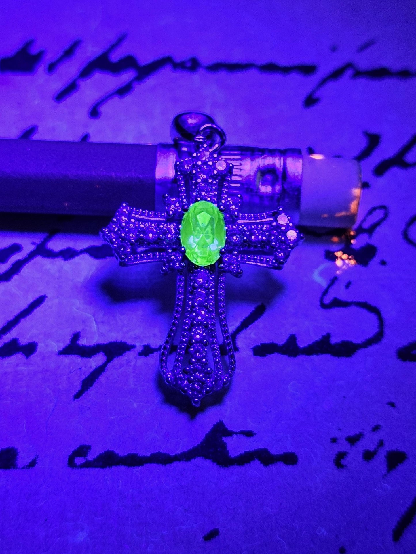 Uranium Glass Pendant Cross design new Sterling Silver,  with 8x4 mm vintage Marquee cut Uranium Glass stone that glows under black/UV light