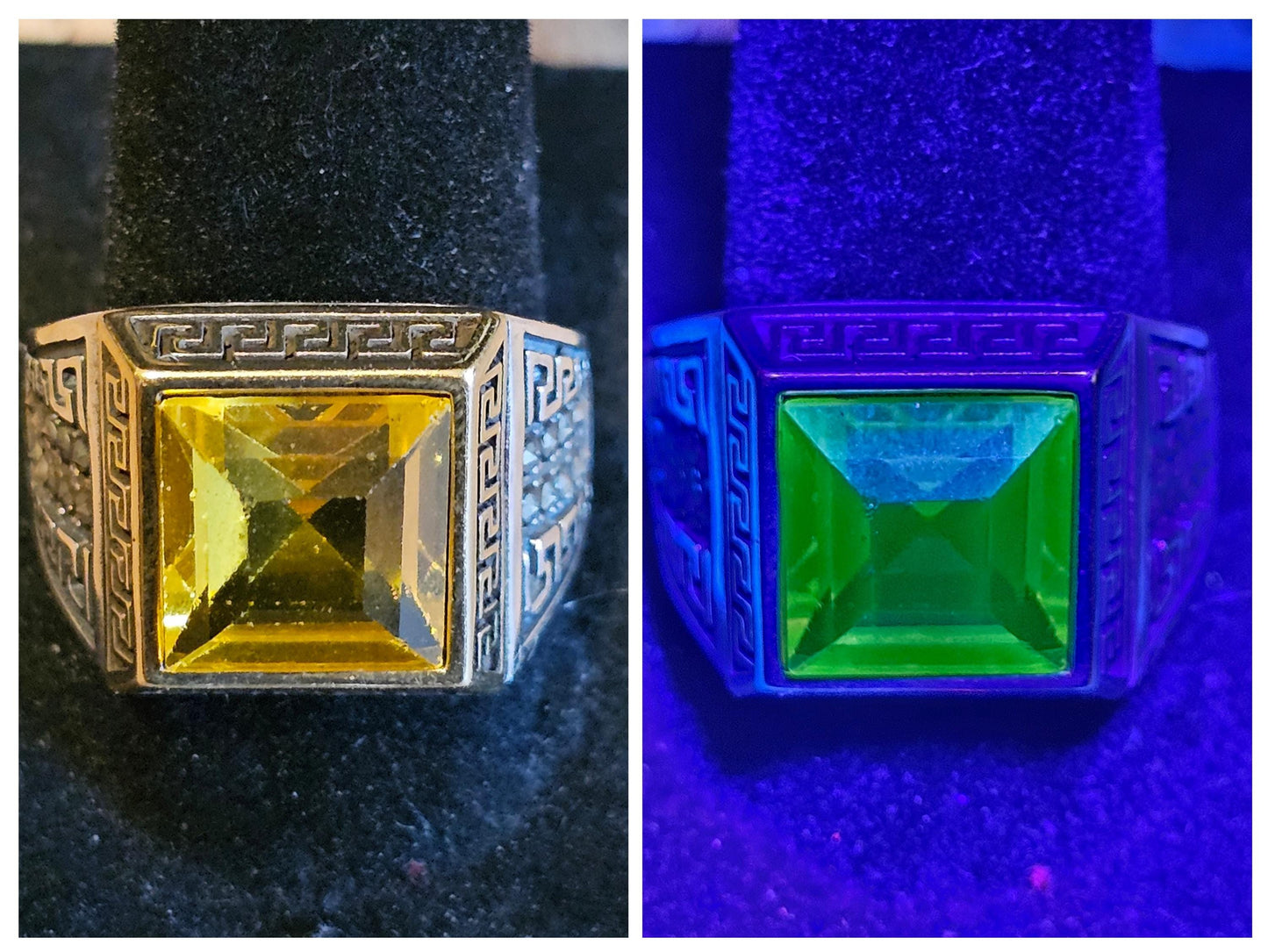 Uranium Glass Men's Ring vintage Yellow 10mm Uranium glass Square cut stone new Sterling Silver Adjustable with  glows under black/UV light