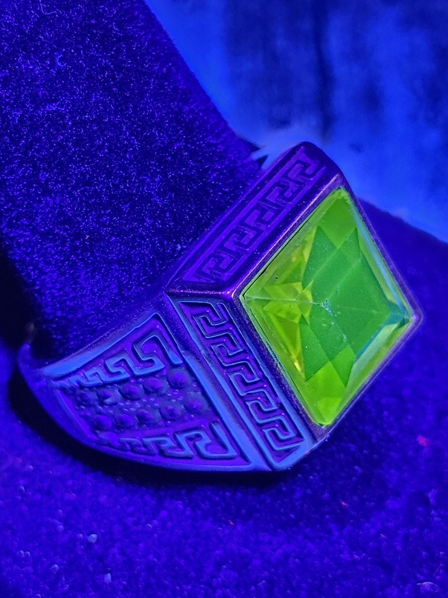 Uranium Glass Men's Ring vintage Yellow 10mm Uranium glass Square cut stone new Sterling Silver Adjustable with  glows under black/UV light