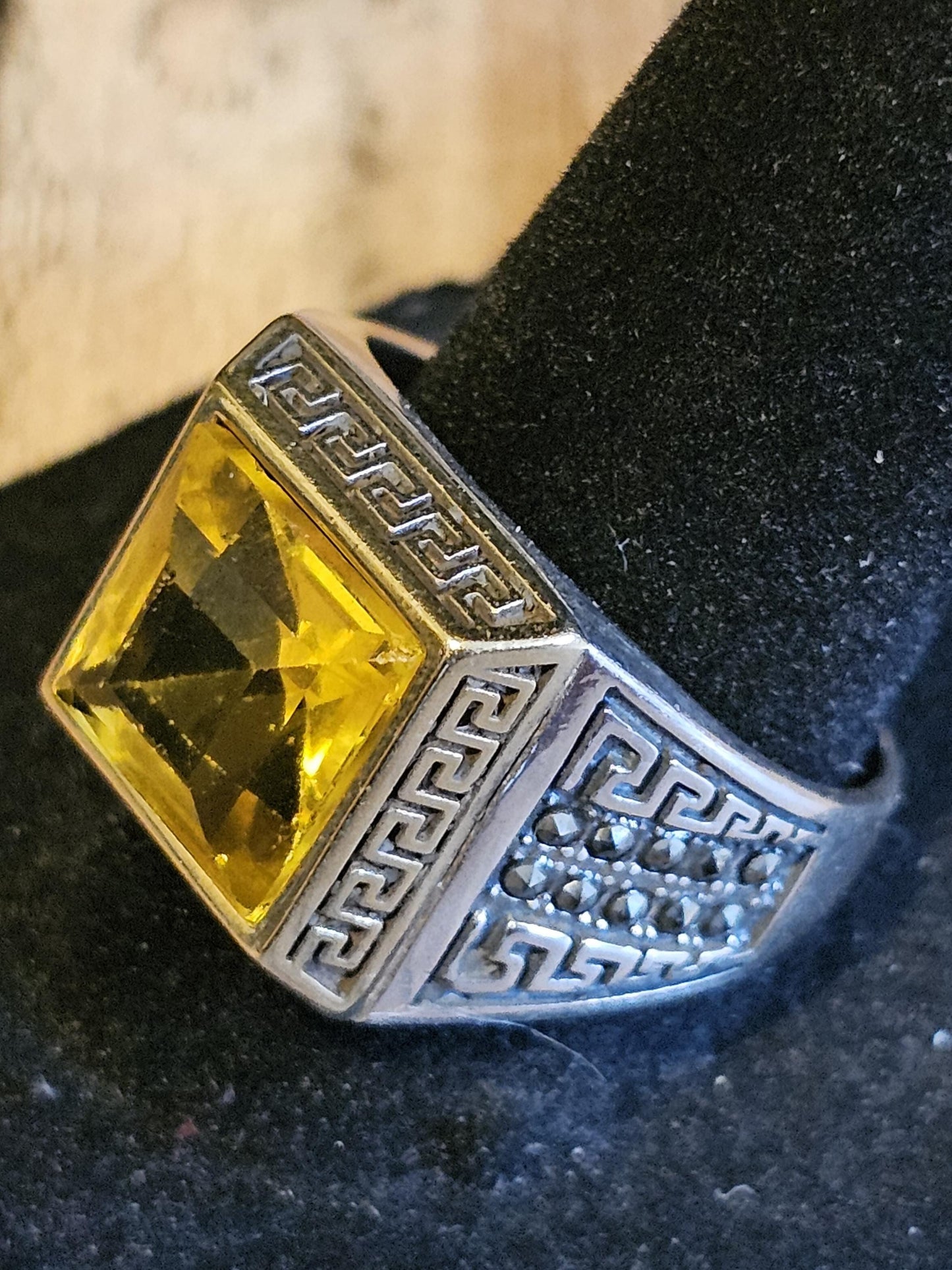 Uranium Glass Men's Ring vintage Yellow 10mm Uranium glass Square cut stone new Sterling Silver Adjustable with  glows under black/UV light