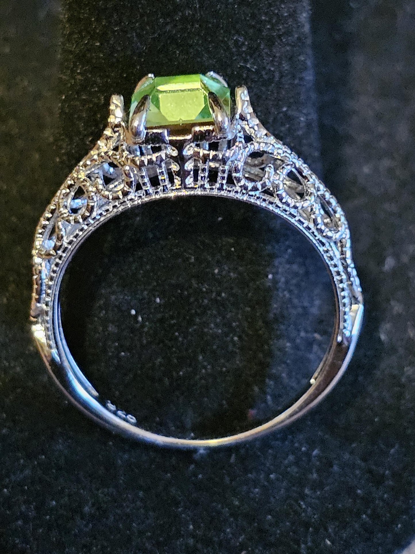 Uranium Glass Princess cut Art Deco Ring  size 4 to 10.5 in new Sterling Silver with Uranium glass stone that glows under black / UV light