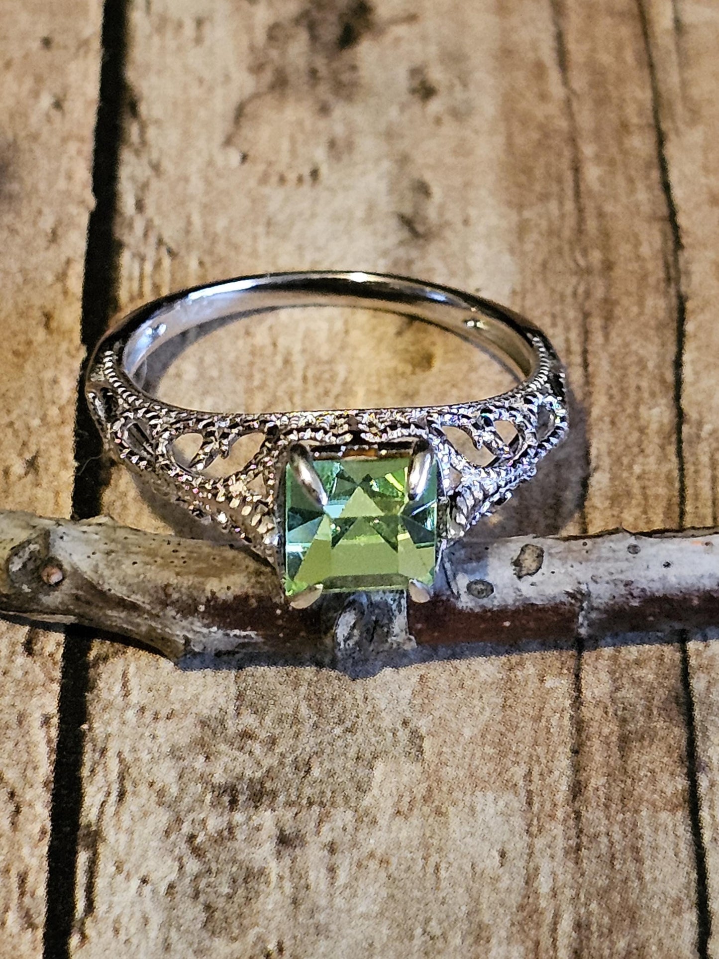 Uranium Glass Princess cut Art Deco Ring  size 4 to 10.5 in new Sterling Silver with Uranium glass stone that glows under black / UV light