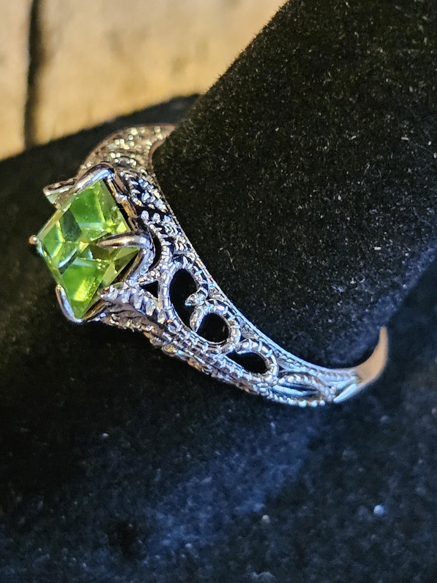 Uranium Glass Princess cut Art Deco Ring size 4 to 10.5 in new Sterling Silver with Uranium glass stone that glows under black / UV light
