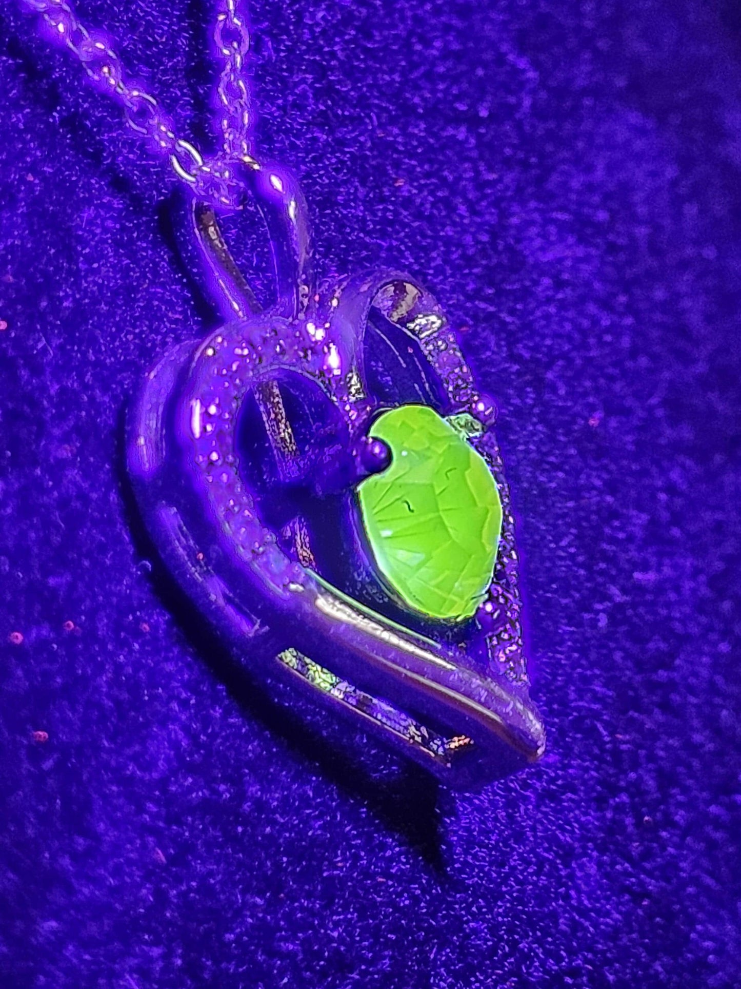 Uranium Glass Pendant w/ necklace, new Sterling Silver setting with vintage Heart cut Uranium glass stone that glows under black/UV light