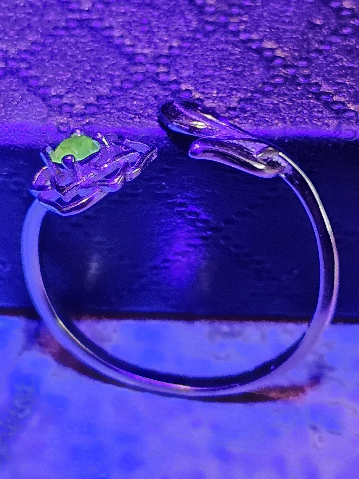 Uranium Glass Adjustable Flower Ring new Sterling Silver with vintage 3 mm Uranium glass Round cut stone that glows under black / UV light