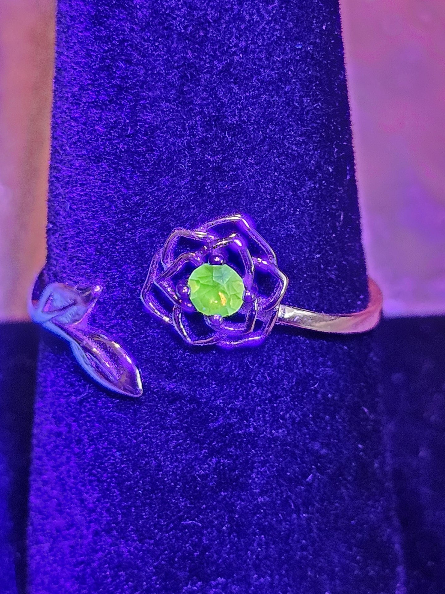 Uranium Glass Adjustable Flower Ring new Sterling Silver with vintage 3 mm Uranium glass Round cut stone that glows under black / UV light