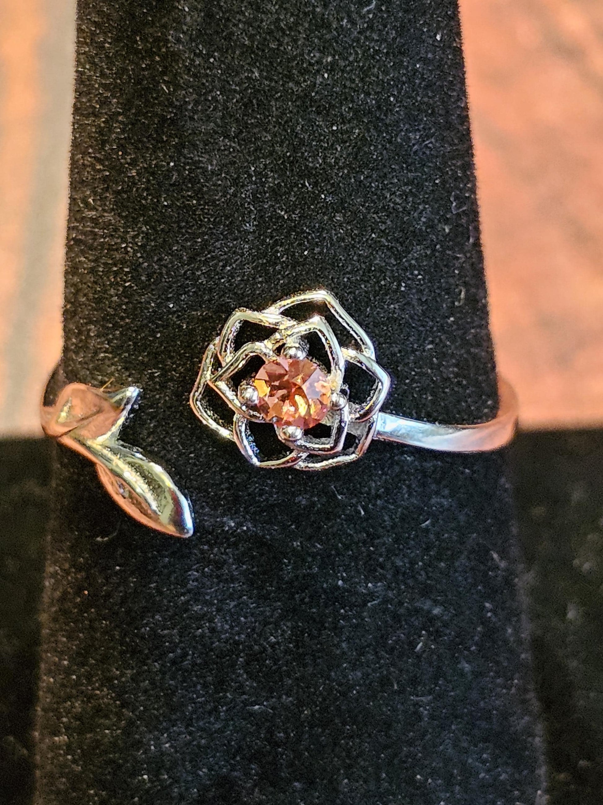 Uranium Glass Adjustable Flower Ring new Sterling Silver with vintage 3 mm Uranium glass Round cut stone that glows under black / UV light