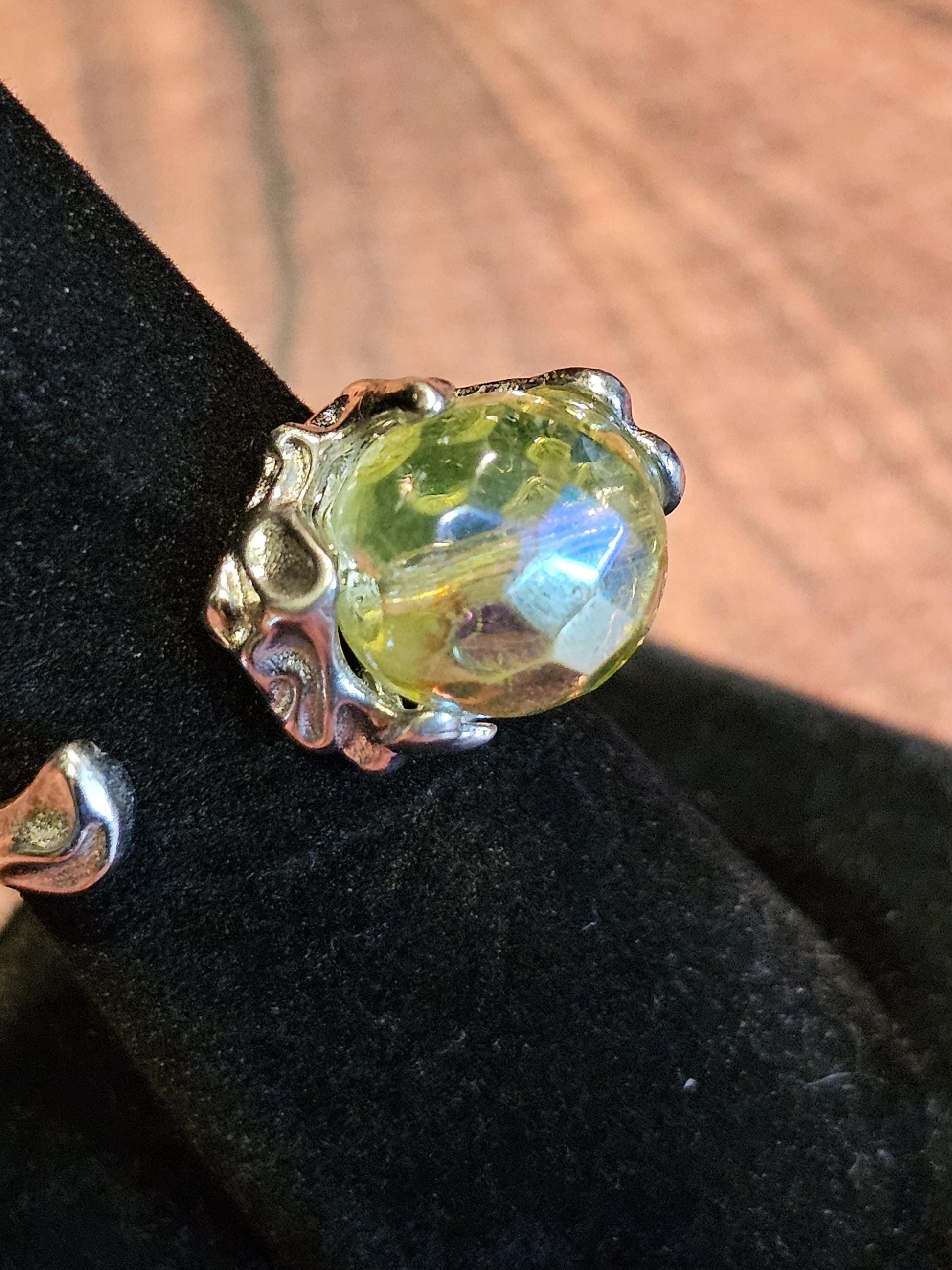 Uranium Glass Adjustable Ring new Sterling Silver Round cut 5 mm opal colored vintage Uranium glass stones glows under black / UV light