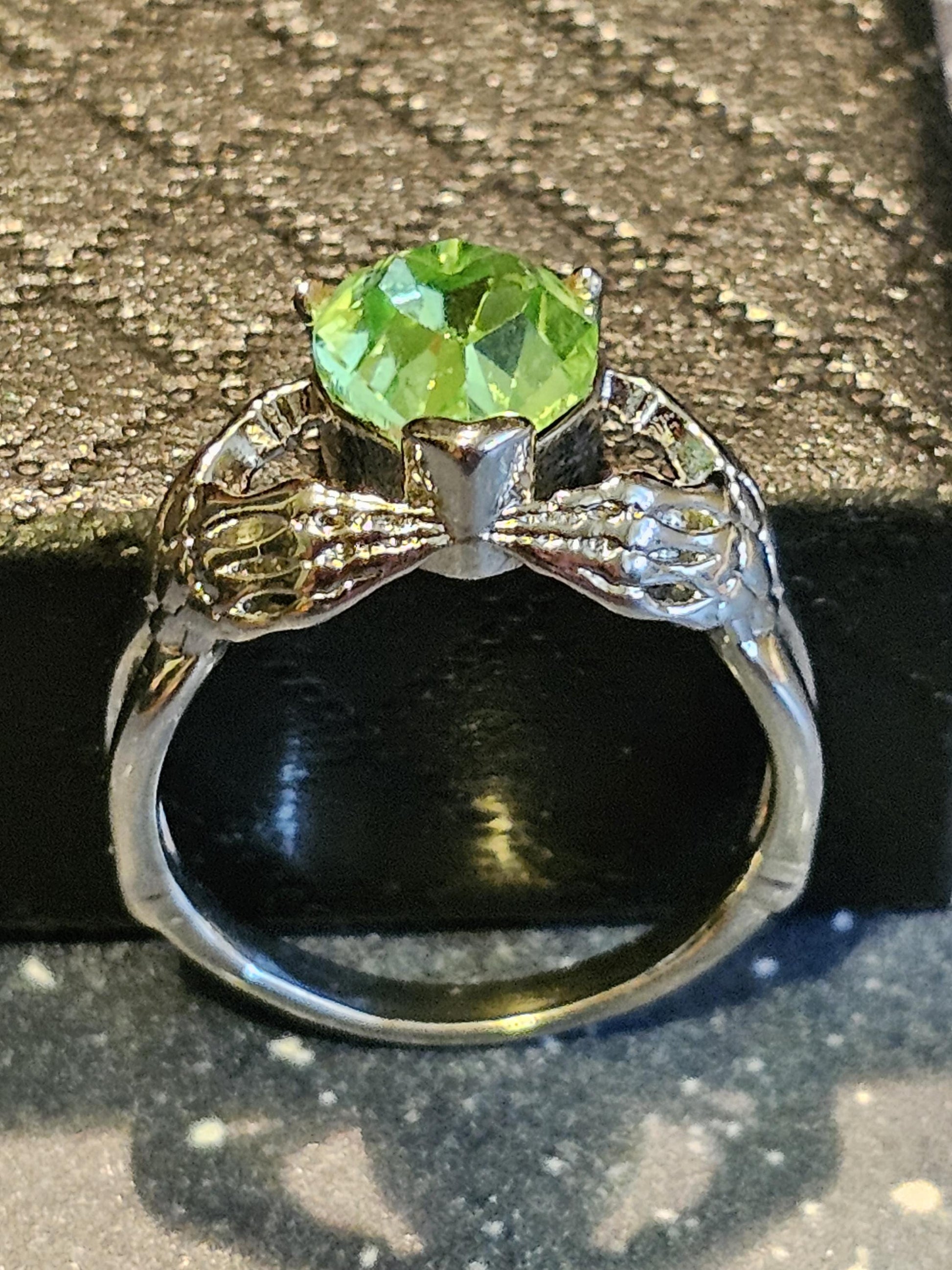 Uranium Glass Heart cut Claddagh Ring in size 7 new Silver plated with a vintage Uranium glass stone that glows under black/UV light
