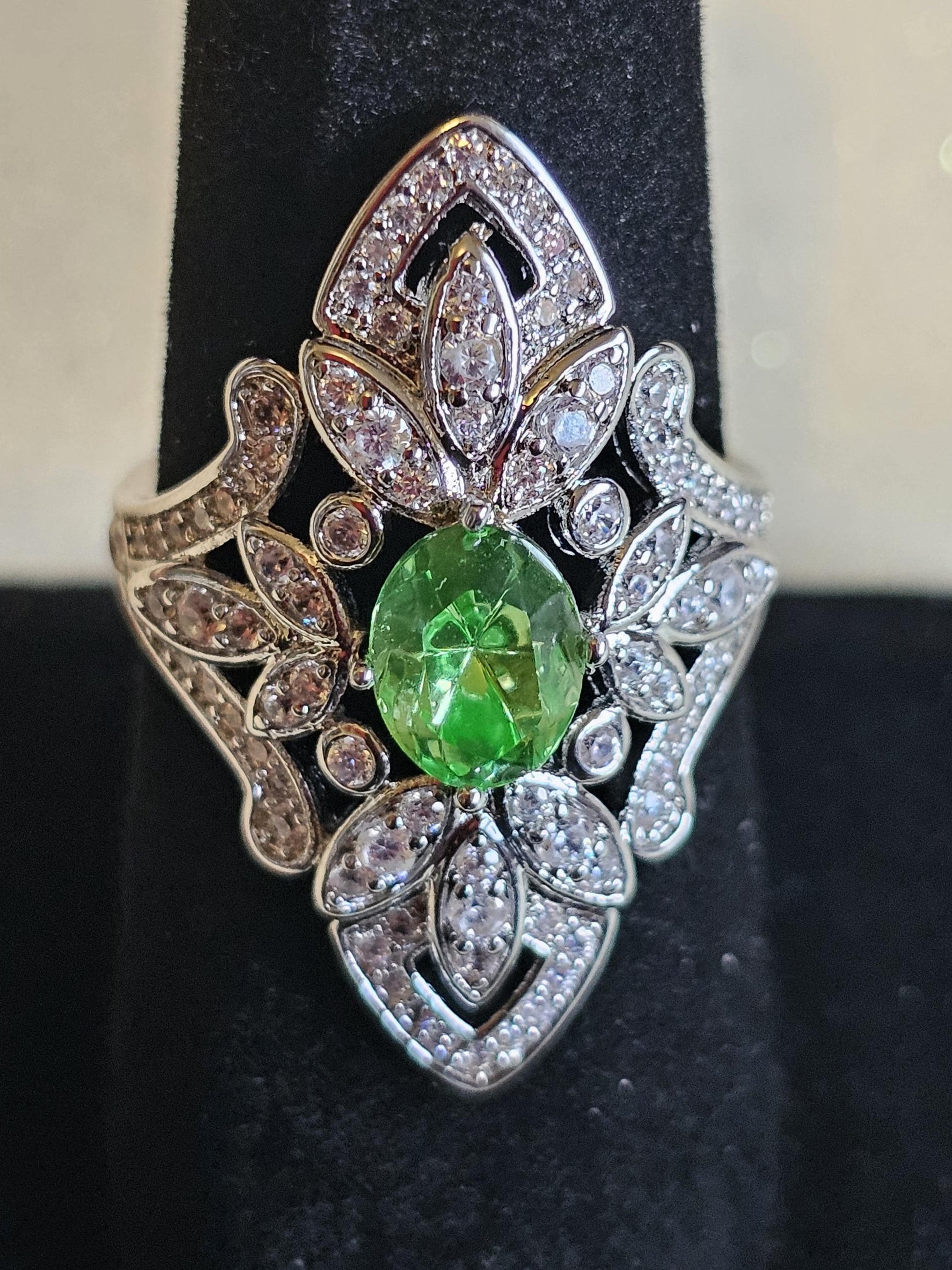 Uranium Glass Oval cut Ring, Shield style, 6 to 10 in new Sterling Silver with a vintage Uranium glass stone that glows under black/UV light