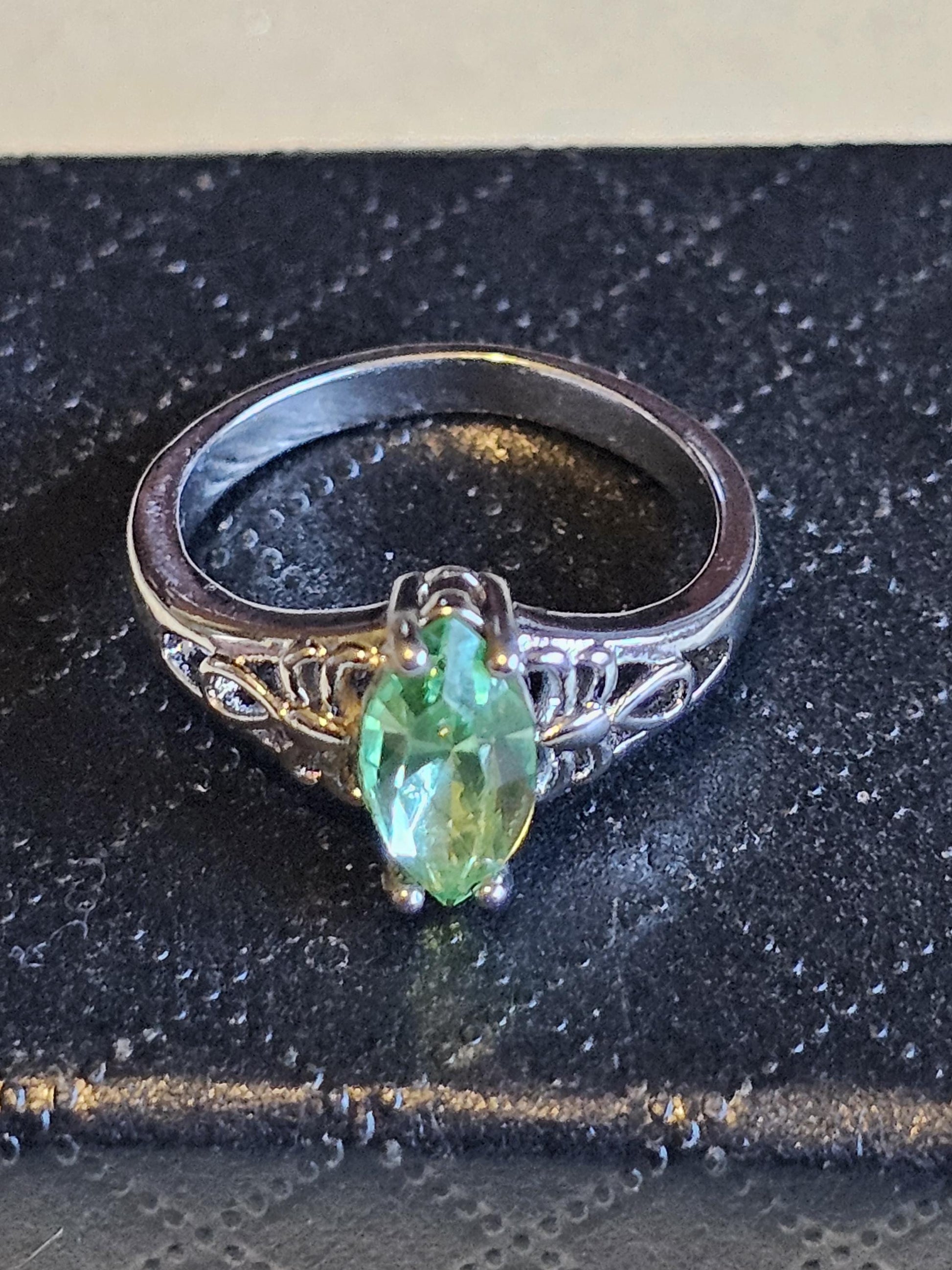Uranium Glass Marquise cut Ring Size 5 scorpion pattern Sterling Silver with a vintage Uranium glass stone that glows under black/UV light