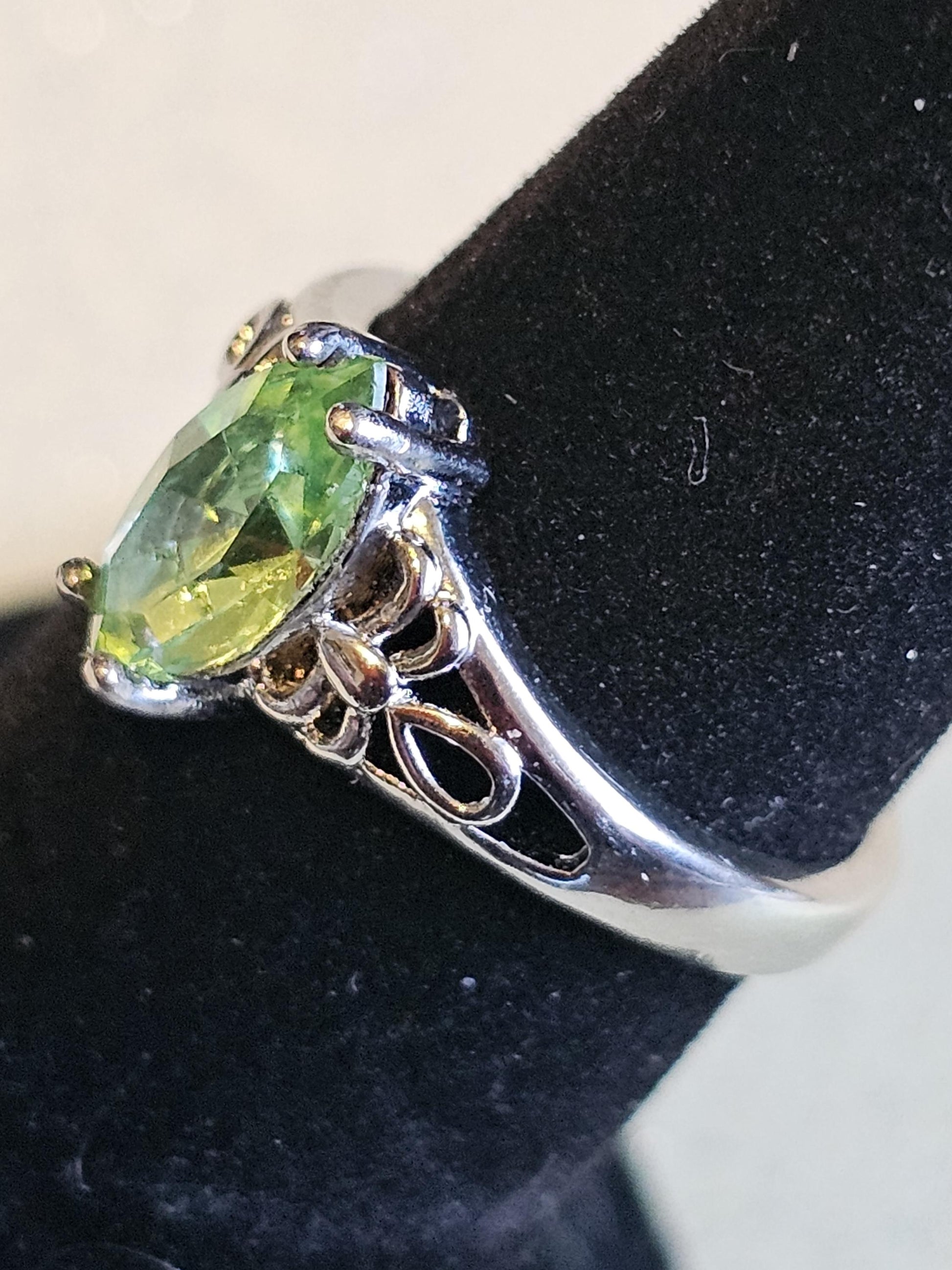 Uranium Glass Marquise cut Ring Size 5 scorpion pattern Sterling Silver with a vintage Uranium glass stone that glows under black/UV light