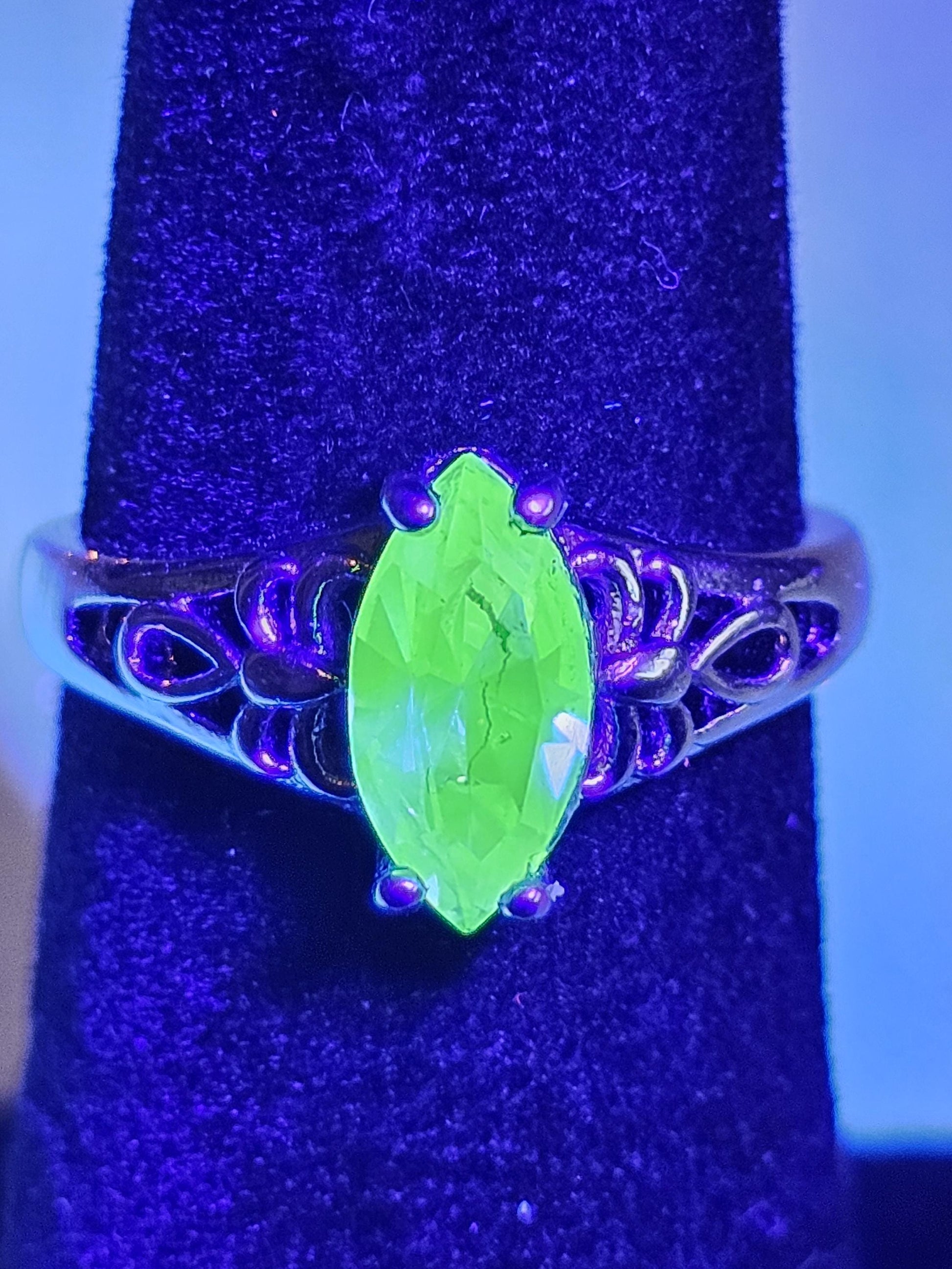 Uranium Glass Marquise cut Ring Size 5 scorpion pattern Sterling Silver with a vintage Uranium glass stone that glows under black/UV light