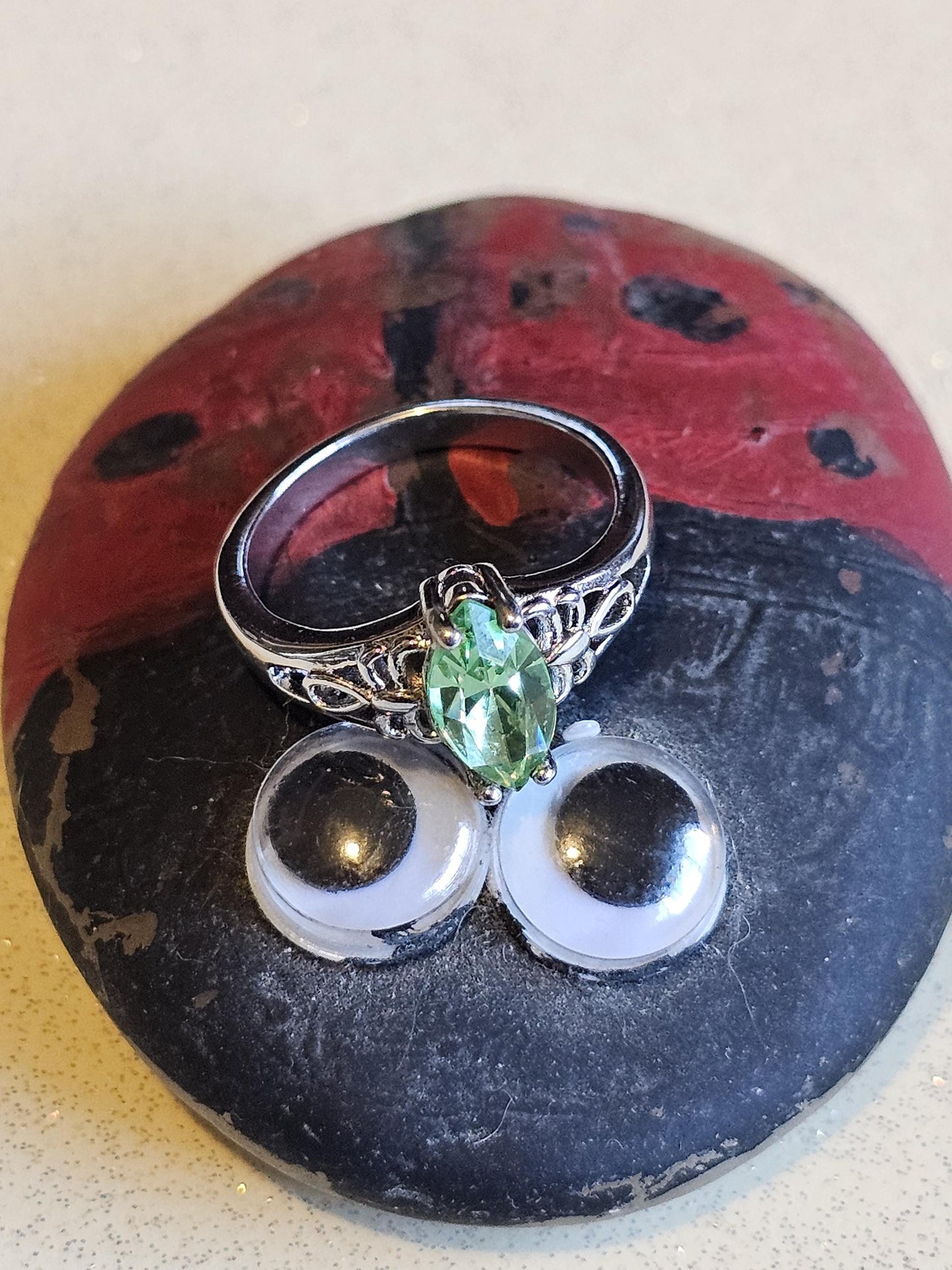 Uranium Glass Marquise cut Ring Size 5 scorpion pattern Sterling Silver with a vintage Uranium glass stone that glows under black/UV light
