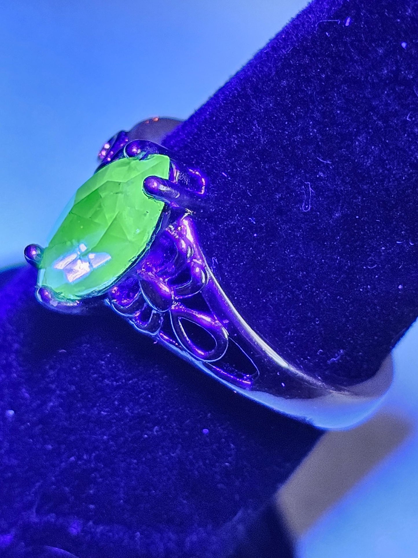 Uranium Glass Marquise cut Ring Size 5 scorpion pattern Sterling Silver with a vintage Uranium glass stone that glows under black/UV light