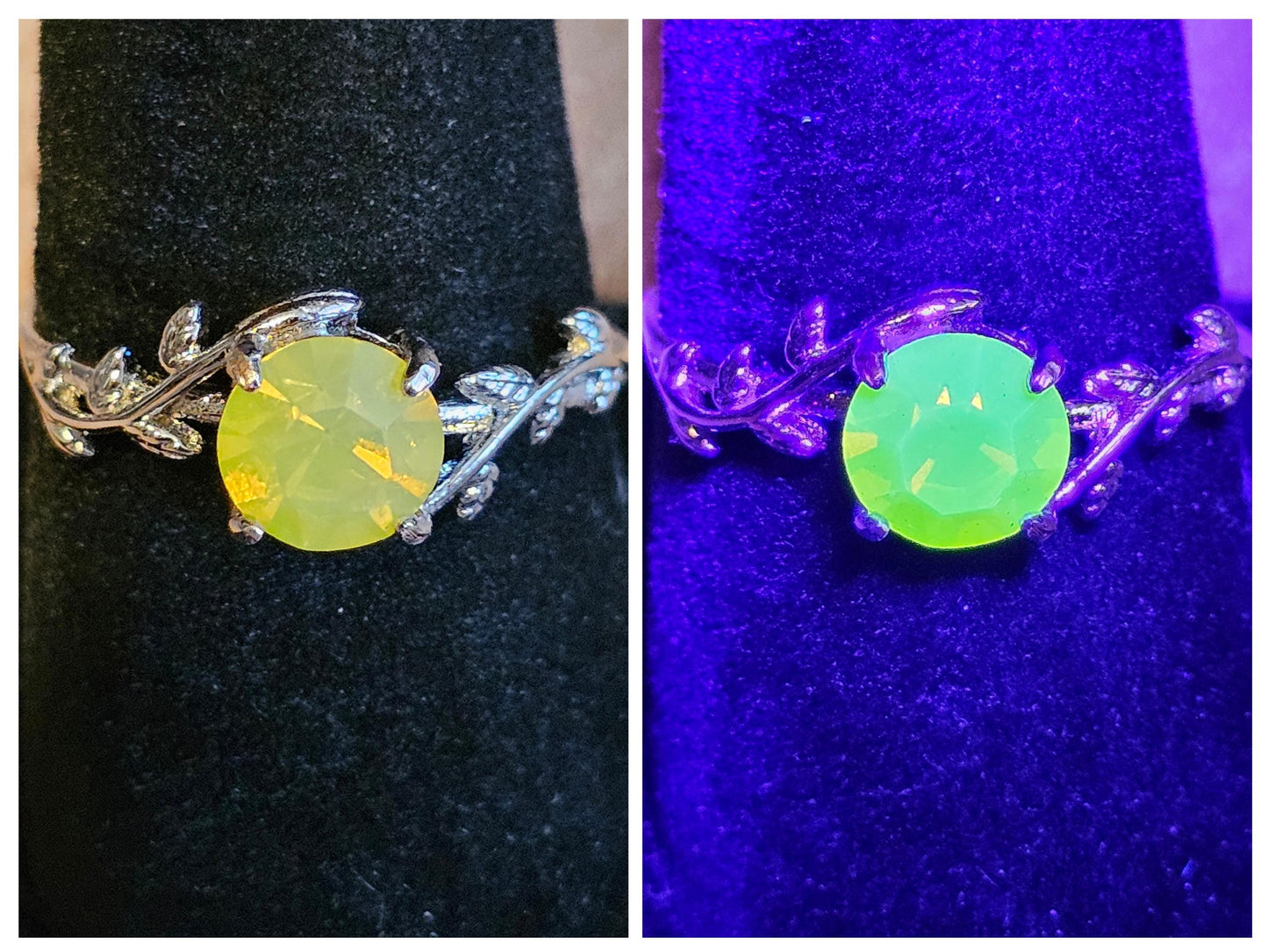 Uranium Glass Round cut Ring size 9 in new Sterling Silver with vintage Yellow Uranium glass stone that glows under black / UV light