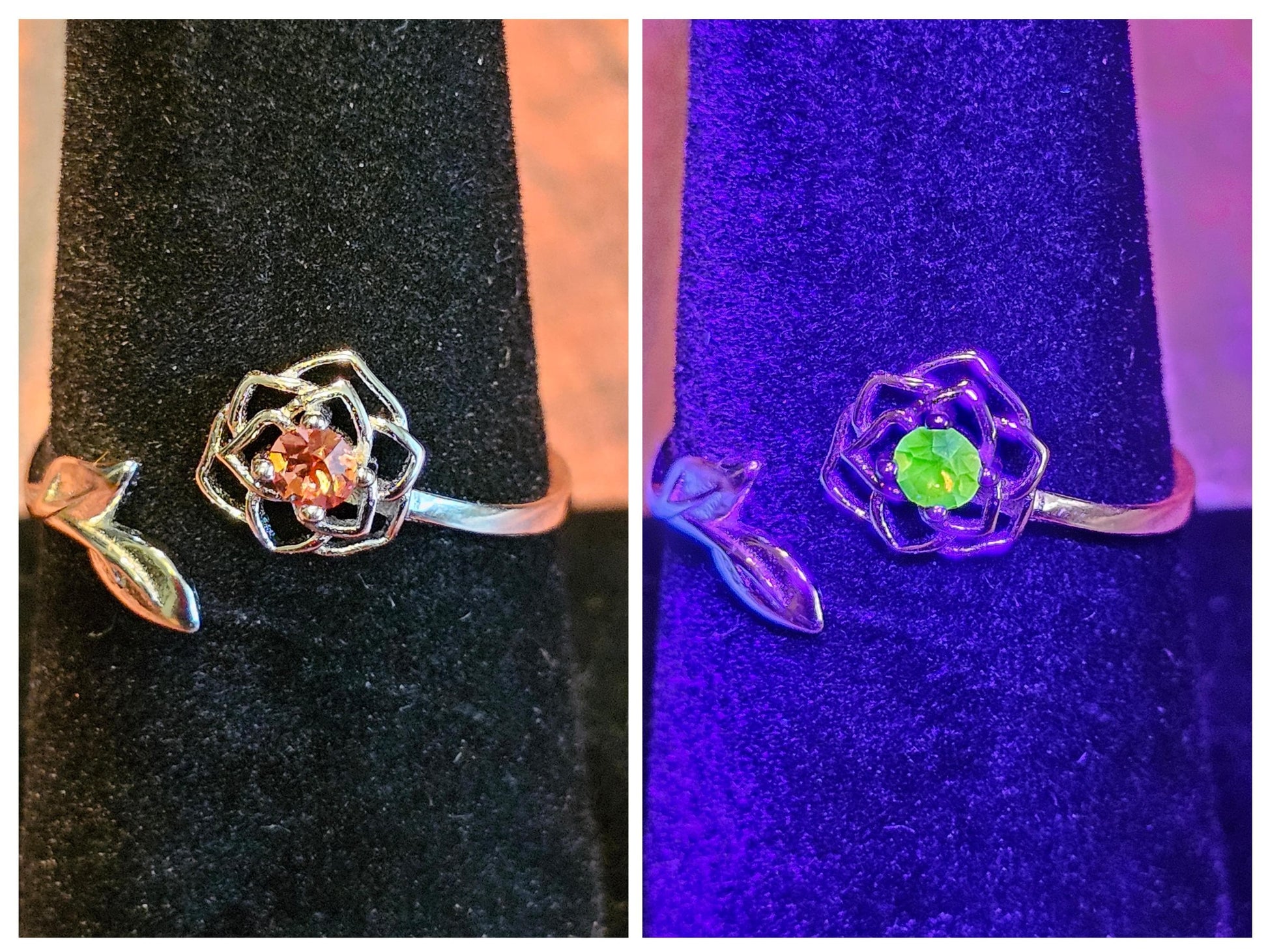 Uranium Glass Adjustable Flower Ring new Sterling Silver with vintage 3 mm Uranium glass Round cut stone that glows under black / UV light