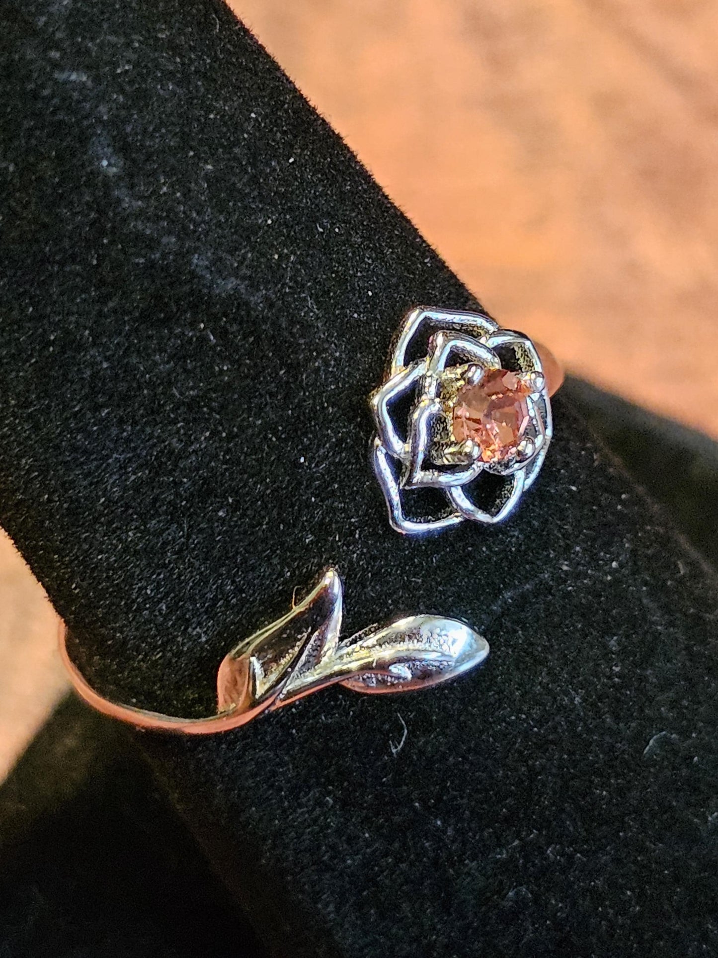 Uranium Glass Adjustable Flower Ring new Sterling Silver with vintage 3 mm Uranium glass Round cut stone that glows under black / UV light