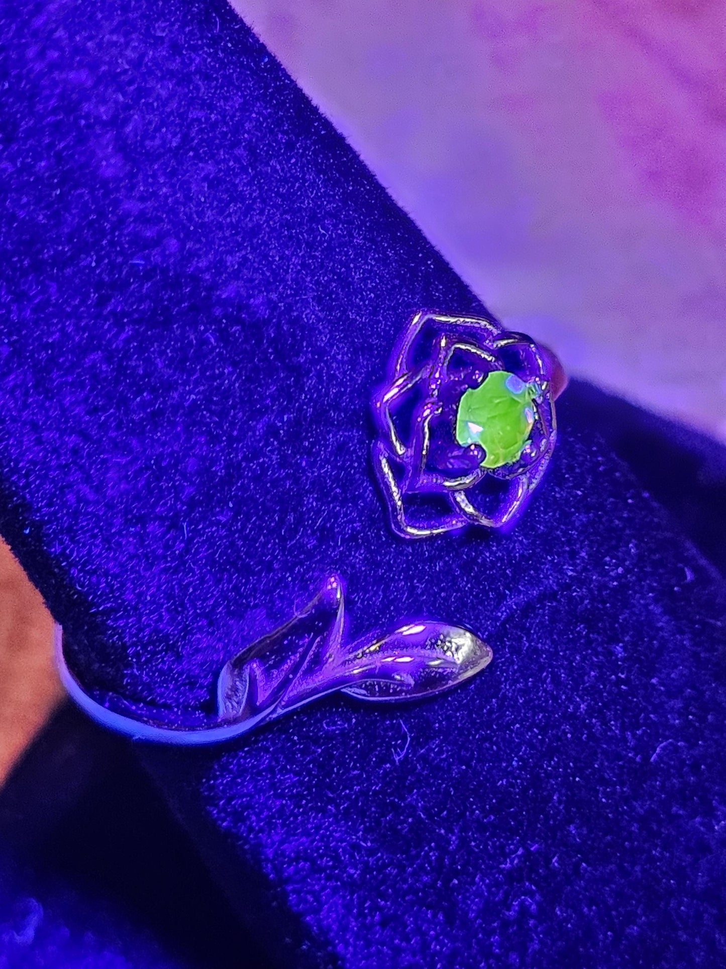 Uranium Glass Adjustable Flower Ring new Sterling Silver with vintage 3 mm Uranium glass Round cut stone that glows under black / UV light