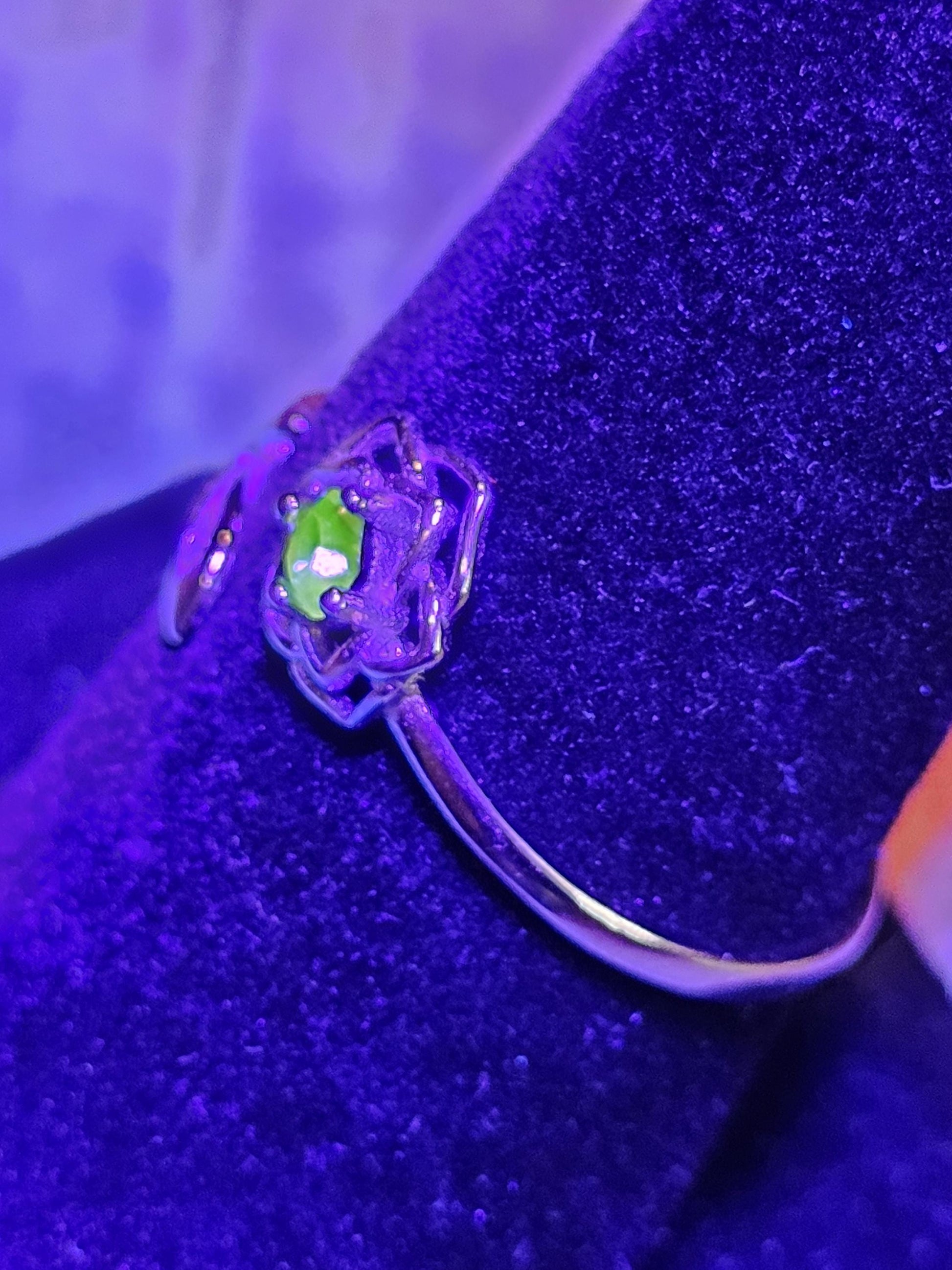 Uranium Glass Adjustable Flower Ring new Sterling Silver with vintage 3 mm Uranium glass Round cut stone that glows under black / UV light