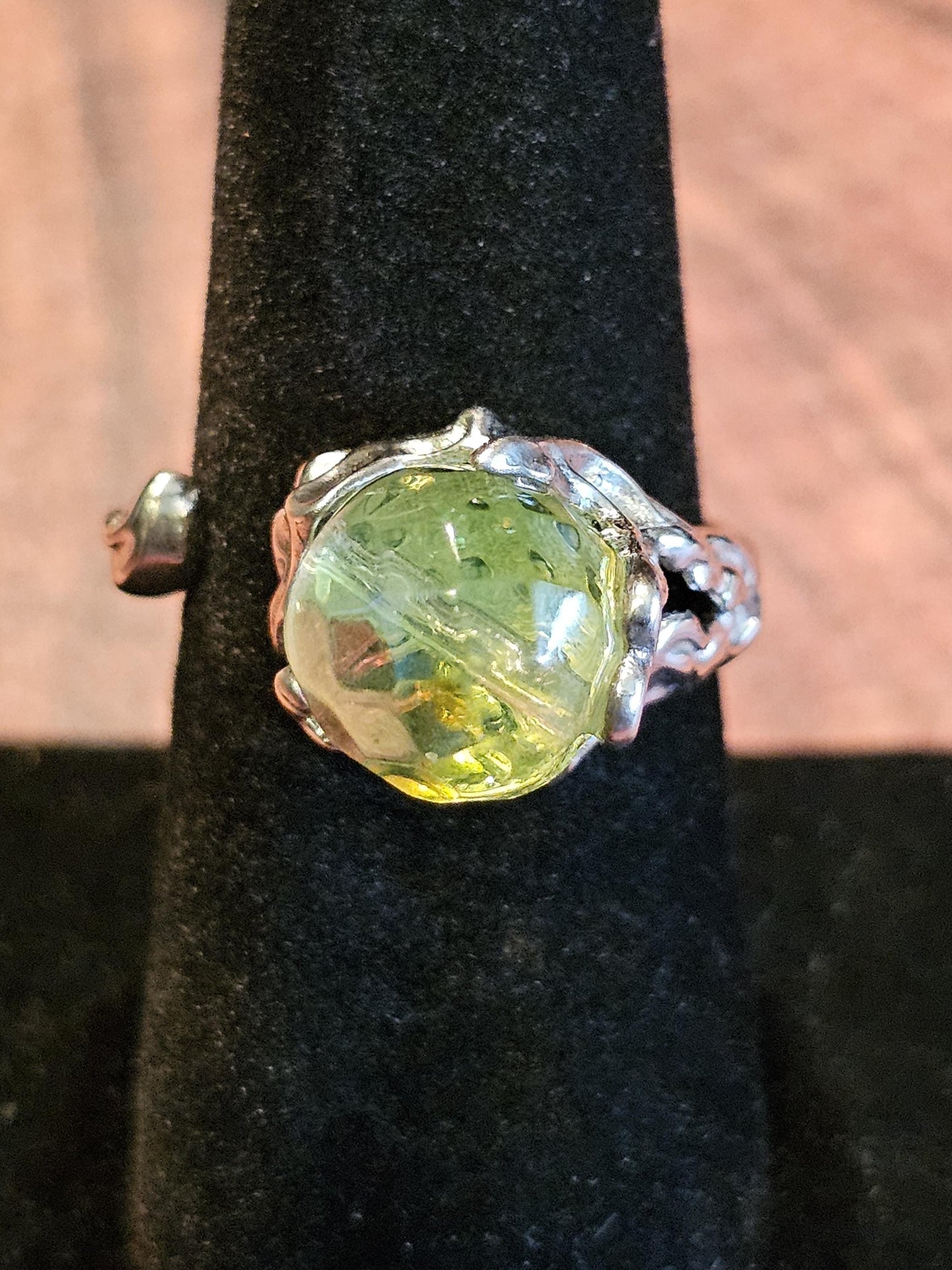 Uranium Glass Adjustable Ring new Sterling Silver Round cut 5 mm opal colored vintage Uranium glass stones glows under black / UV light