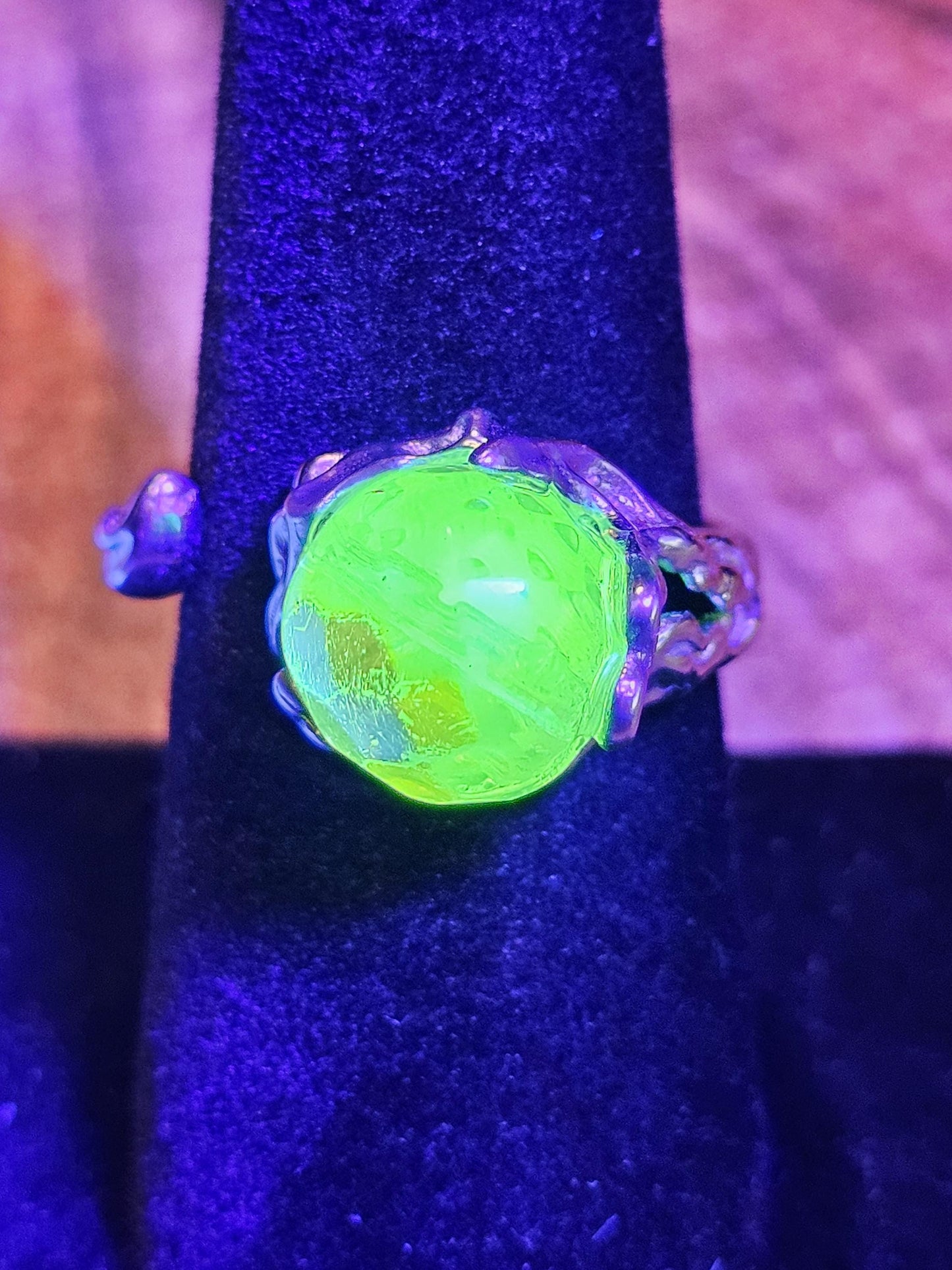 Uranium Glass Adjustable Ring new Sterling Silver Round cut 5 mm opal colored vintage Uranium glass stones glows under black / UV light