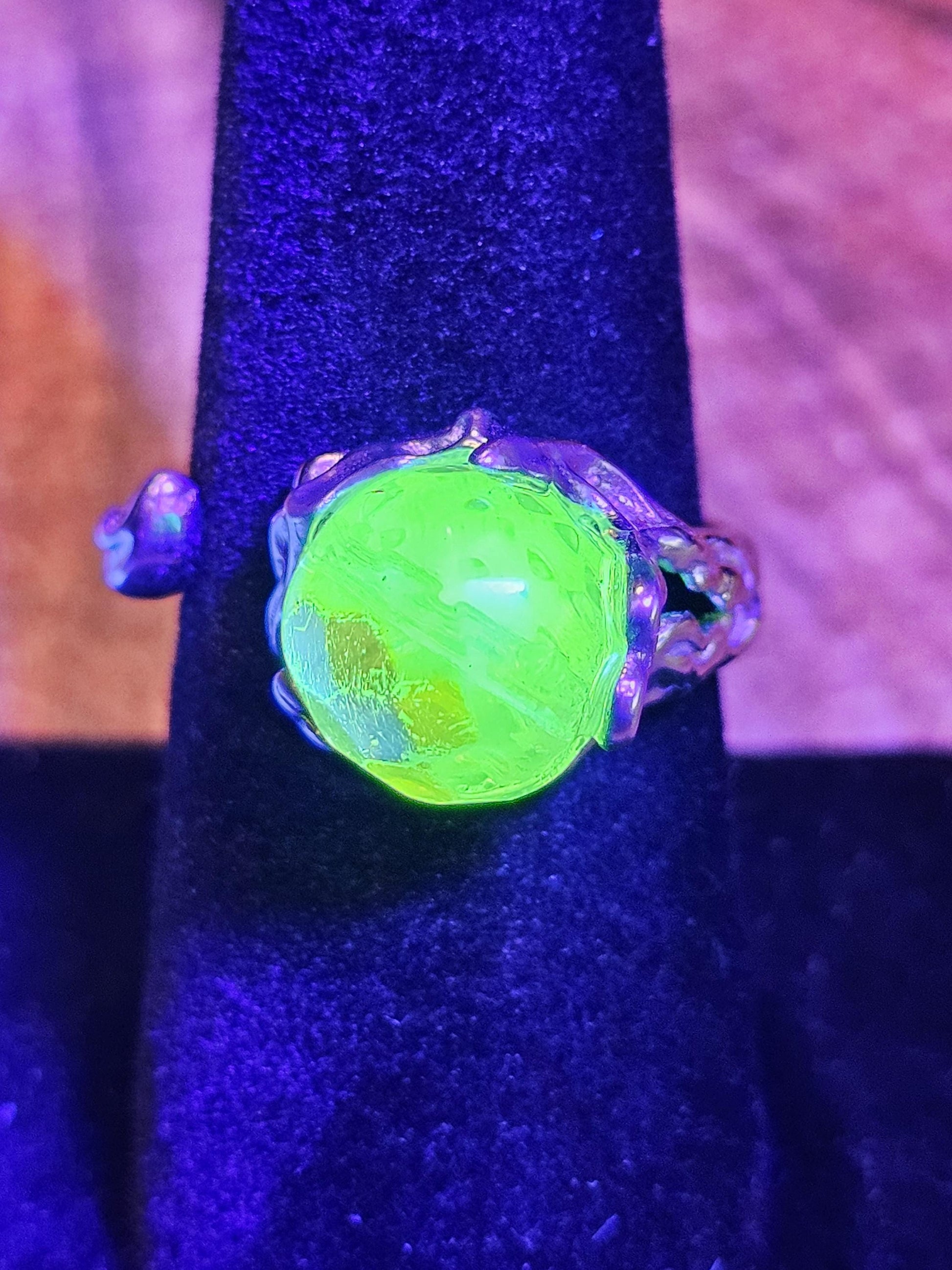 Uranium Glass Adjustable Ring new Sterling Silver Round cut 5 mm opal colored vintage Uranium glass stones glows under black / UV light