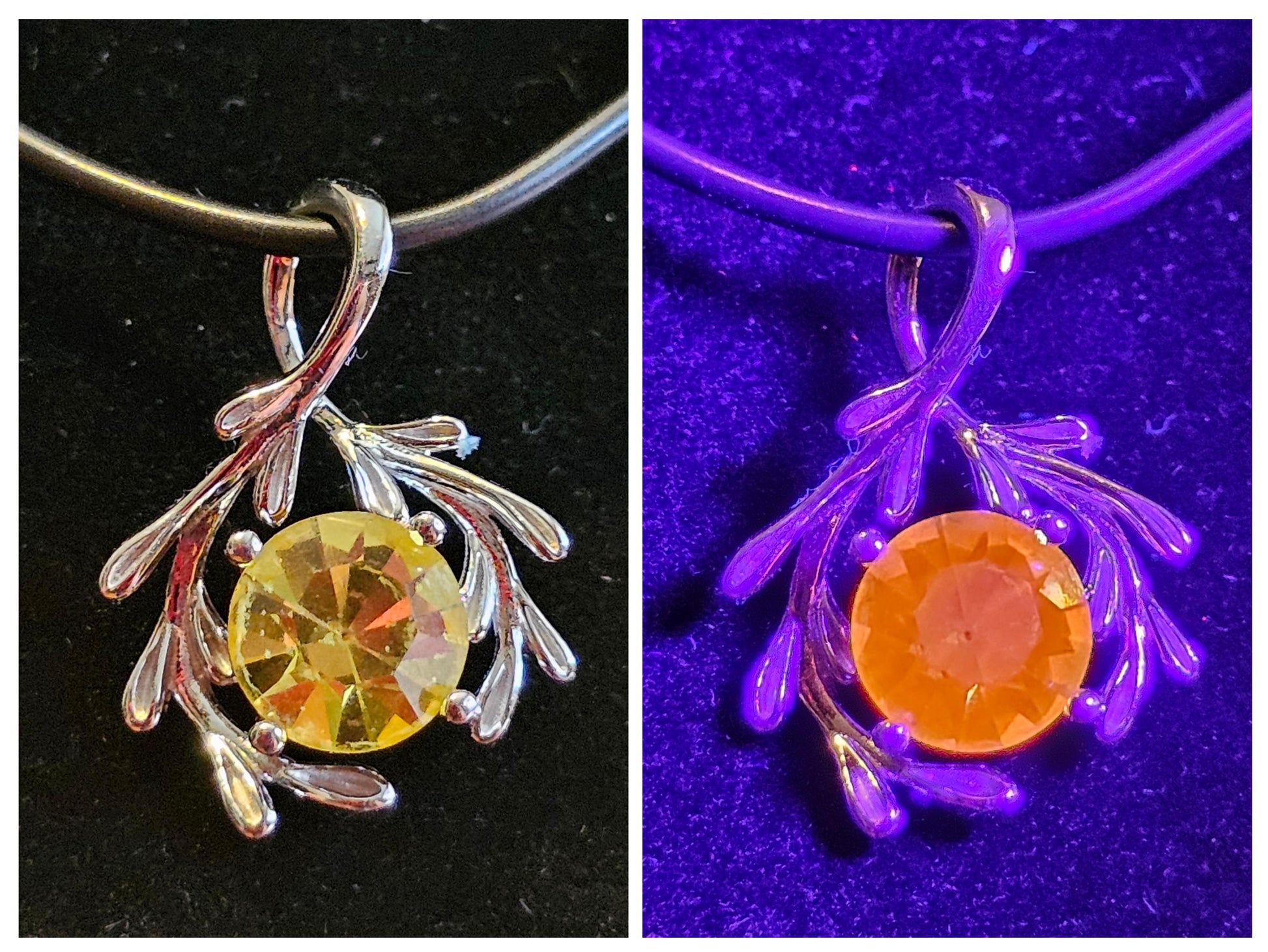 Cadmium Glass Pendant in new Sterling Silver with a vintage Round cut 7 mm Cadmium glass stone that glows under black / UV light