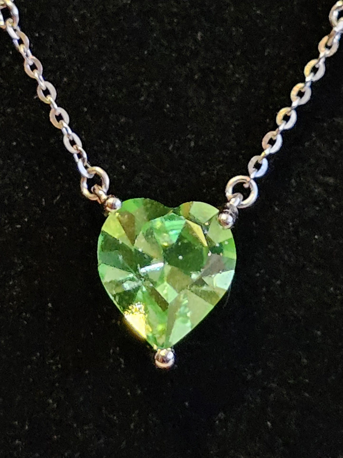 Uranium Glass Pendant w/ necklace, new Sterling Silver, with a vintage 8mm Heart cut Uranium glass stone that glows under black/UV light