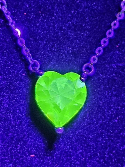 Uranium Glass Pendant w/ necklace, new Sterling Silver, with a vintage 8mm Heart cut Uranium glass stone that glows under black/UV light