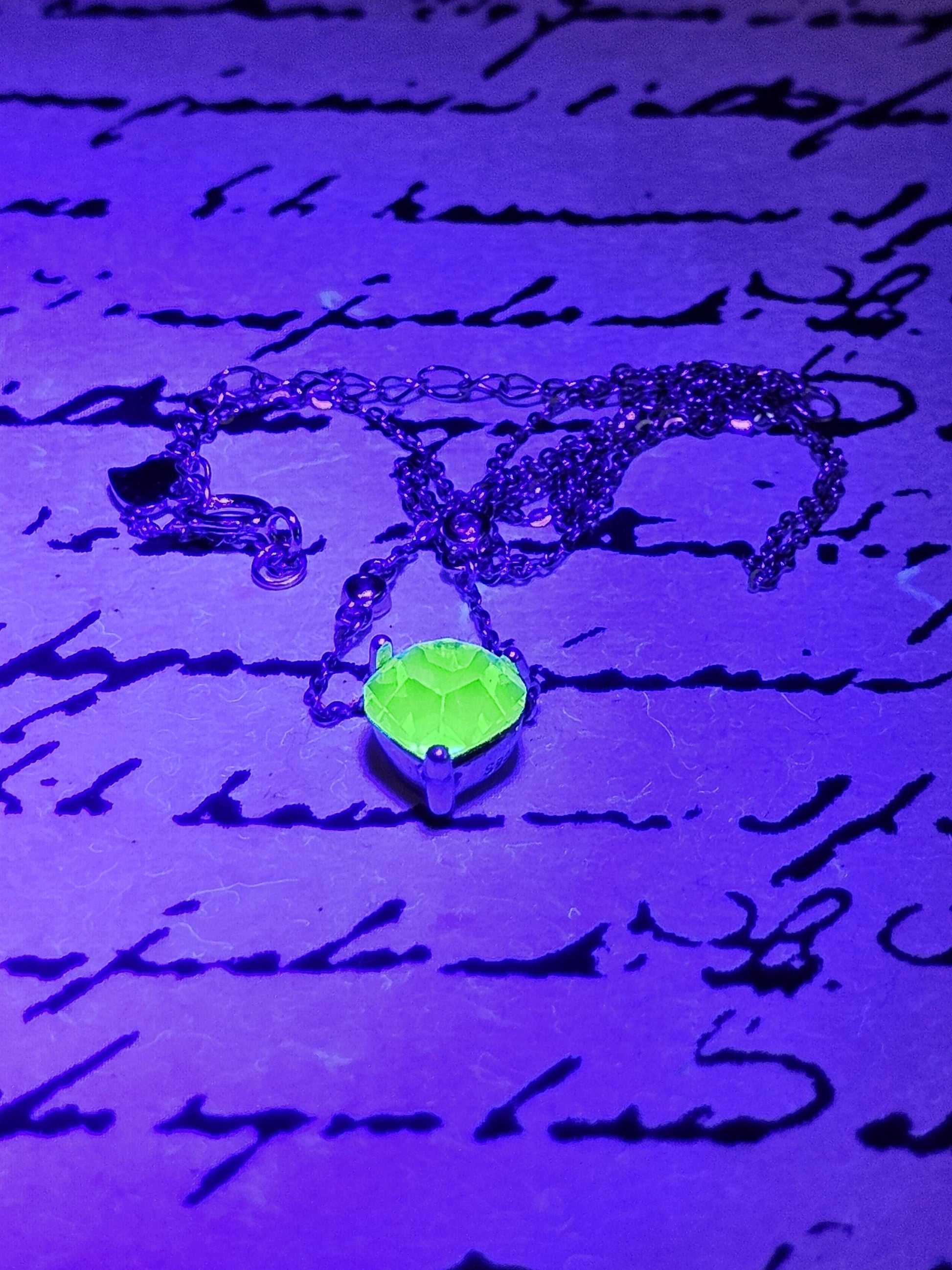 Uranium Glass Pendant w/ necklace, new Sterling Silver, with a vintage 8mm Heart cut Uranium glass stone that glows under black/UV light
